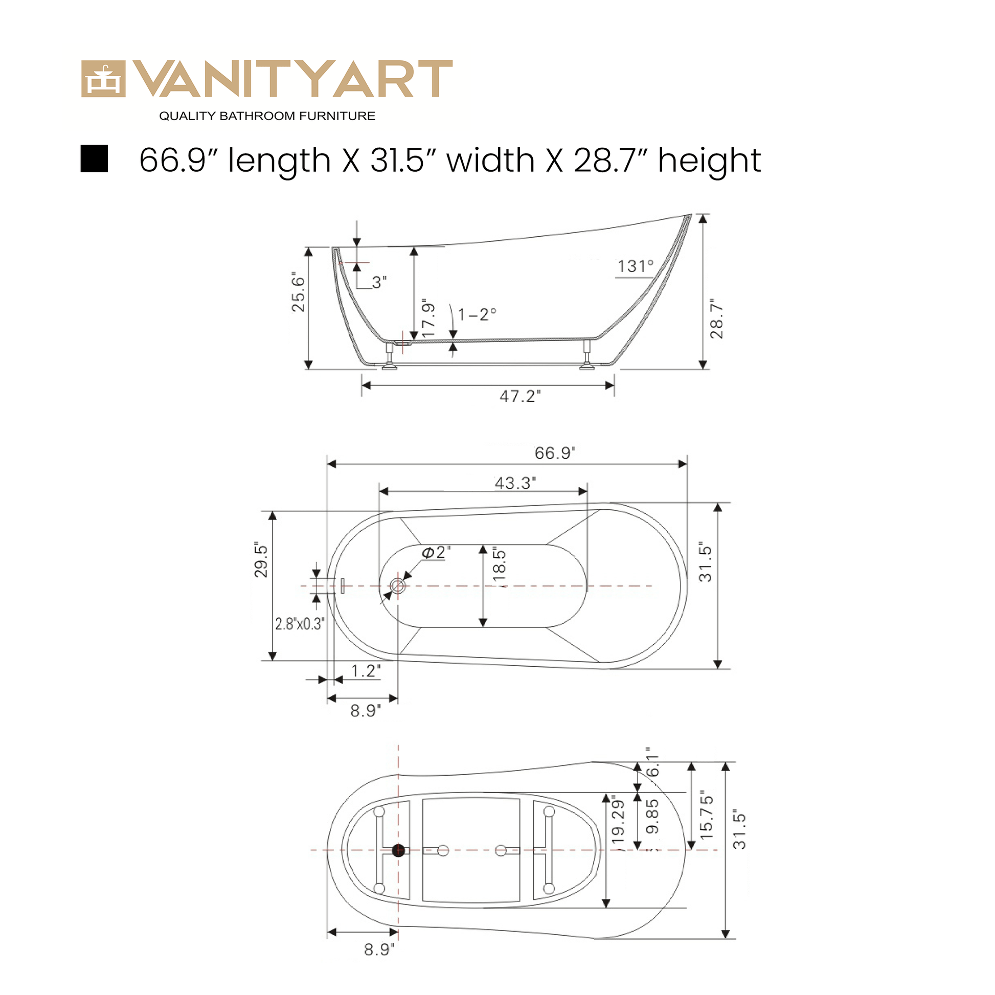 Vanity Art VA6522-L-BN 67 Inch Freestanding White Acrylic Bathtub with Overflow And Pop-Up Drain - Vanity Art VA6522-L-BN