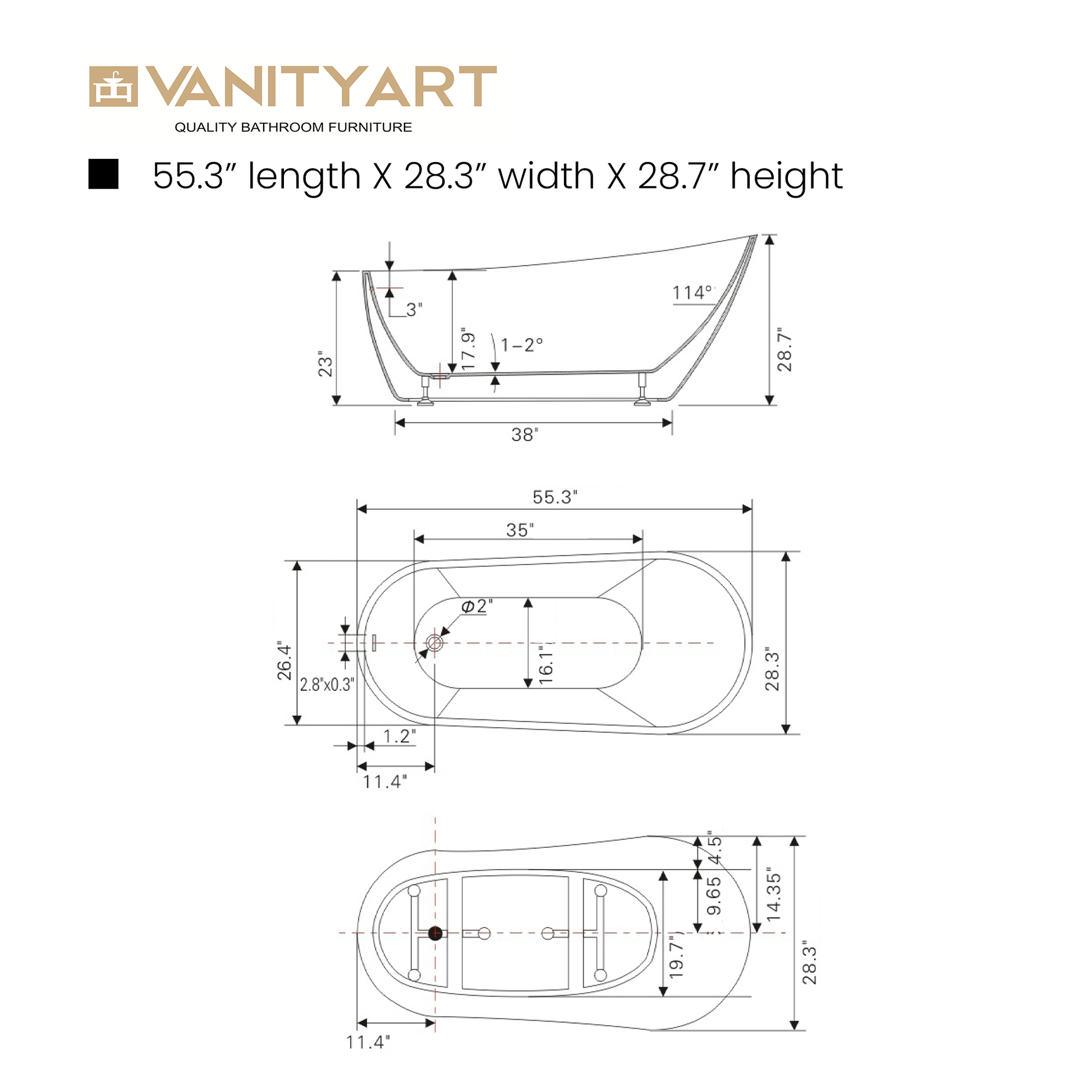 Vanity Art VA6522-S-BN 55 Inch Freestanding White Acrylic Bathtub with Overflow And Pop-Up Drain - Vanity Art VA6522-S-BN