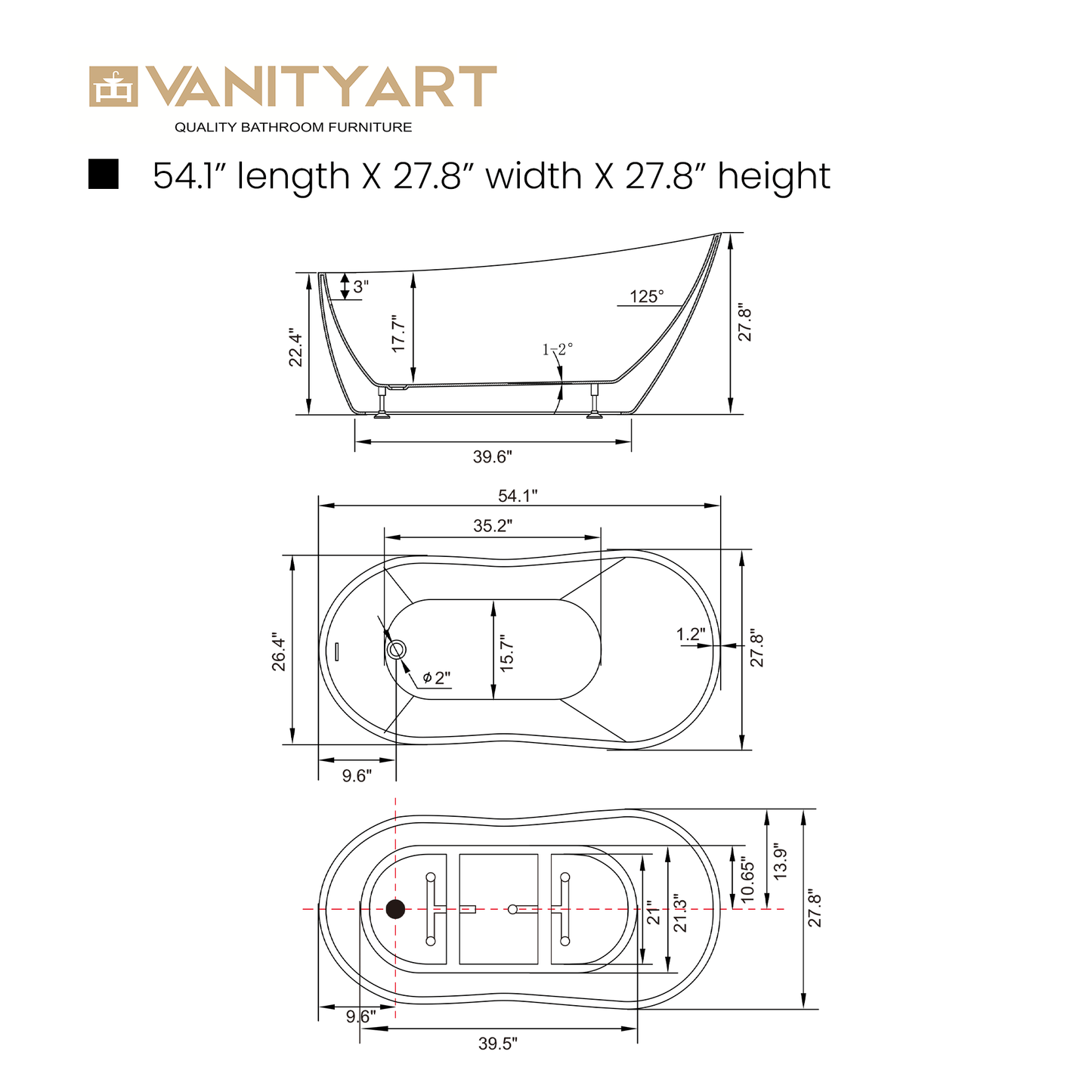 Vanity Art VA6525-BN 54 Inch Freestanding White Acrylic Bathtub with Overflow And Pop-Up Drain - Vanity Art VA6525-BN