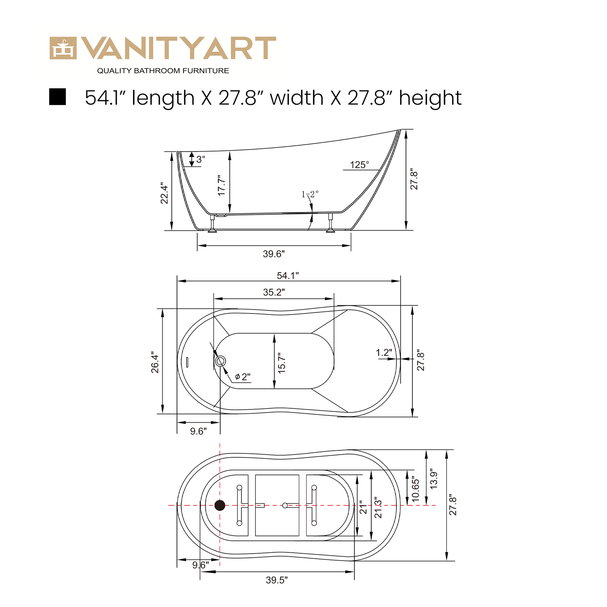 Vanity Art VA6525-ORB 54 Inch Freestanding White Acrylic Bathtub with Overflow And Pop-Up Drain - Vanity Art VA6525-ORB