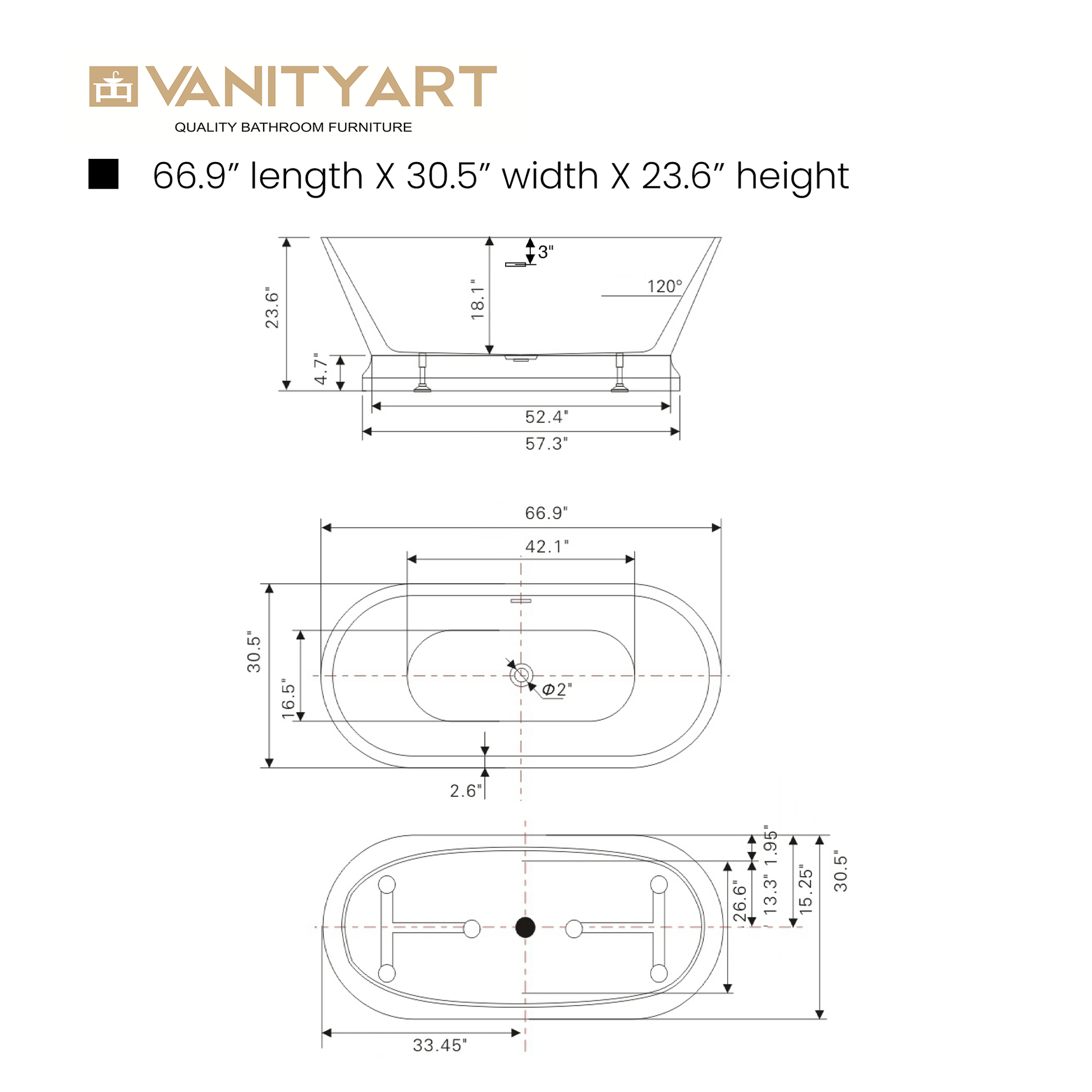 Vanity Art VA6610-L-BN 67 Inch Freestanding White Acrylic Bathtub with Polished Chrome Slotted Overflow And Pop-Up Drain - Vanity Art VA6610-L-BN