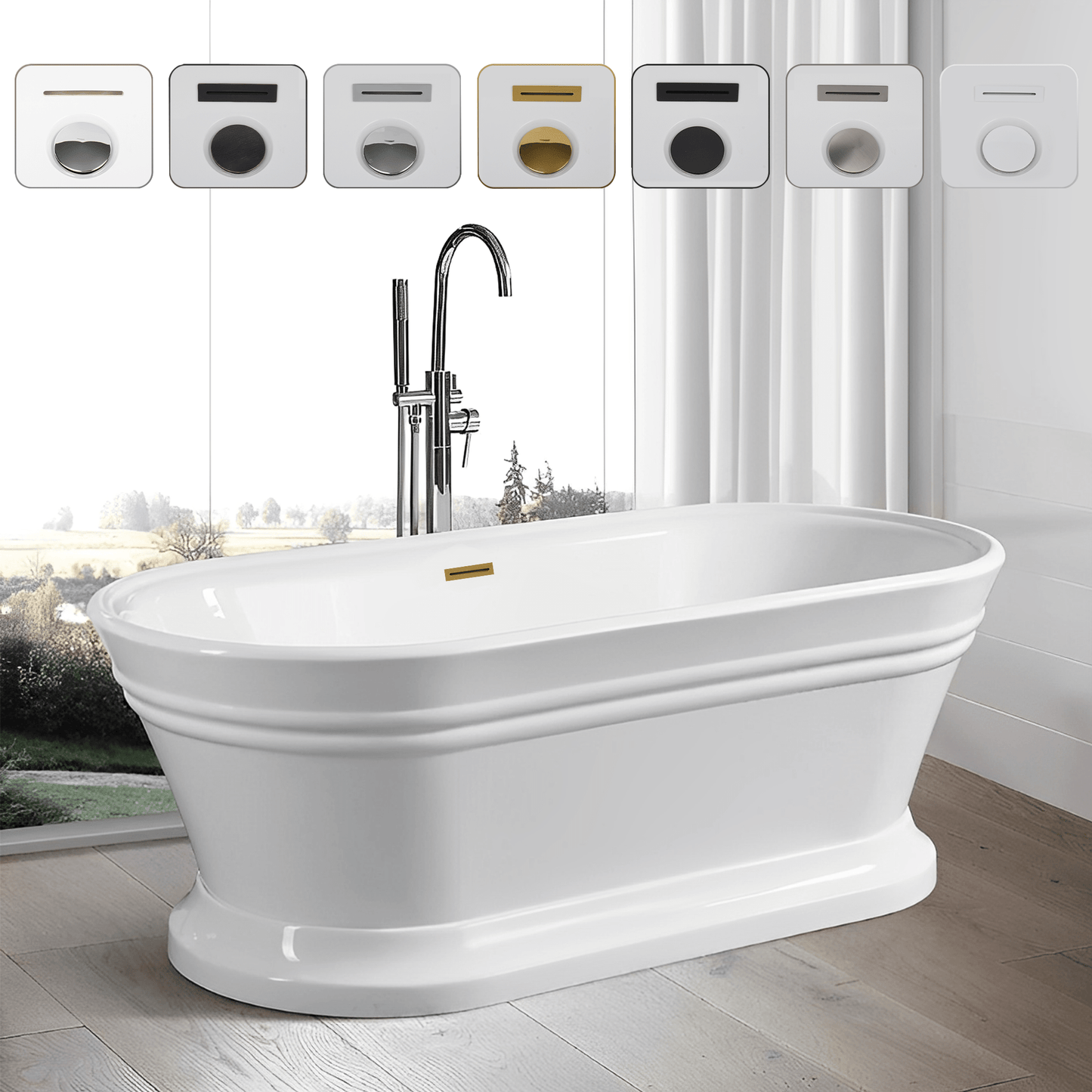 Vanity Art VA6610-L-TG 67 Inch Freestanding White Acrylic Bathtub with Polished Chrome Slotted Overflow And Pop-Up Drain - Vanity Art VA6610-L-TG