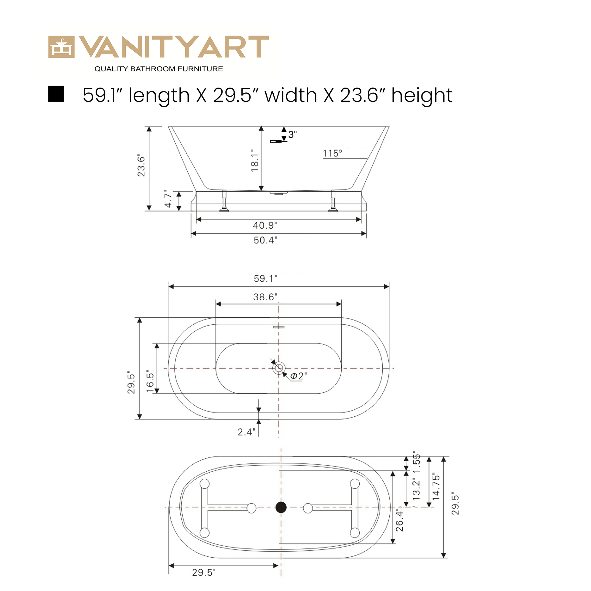 Vanity Art VA6610-S-BN 59 Inch Freestanding White Acrylic Bathtub with Overflow And Pop-Up Drain - Vanity Art VA6610-S-BN