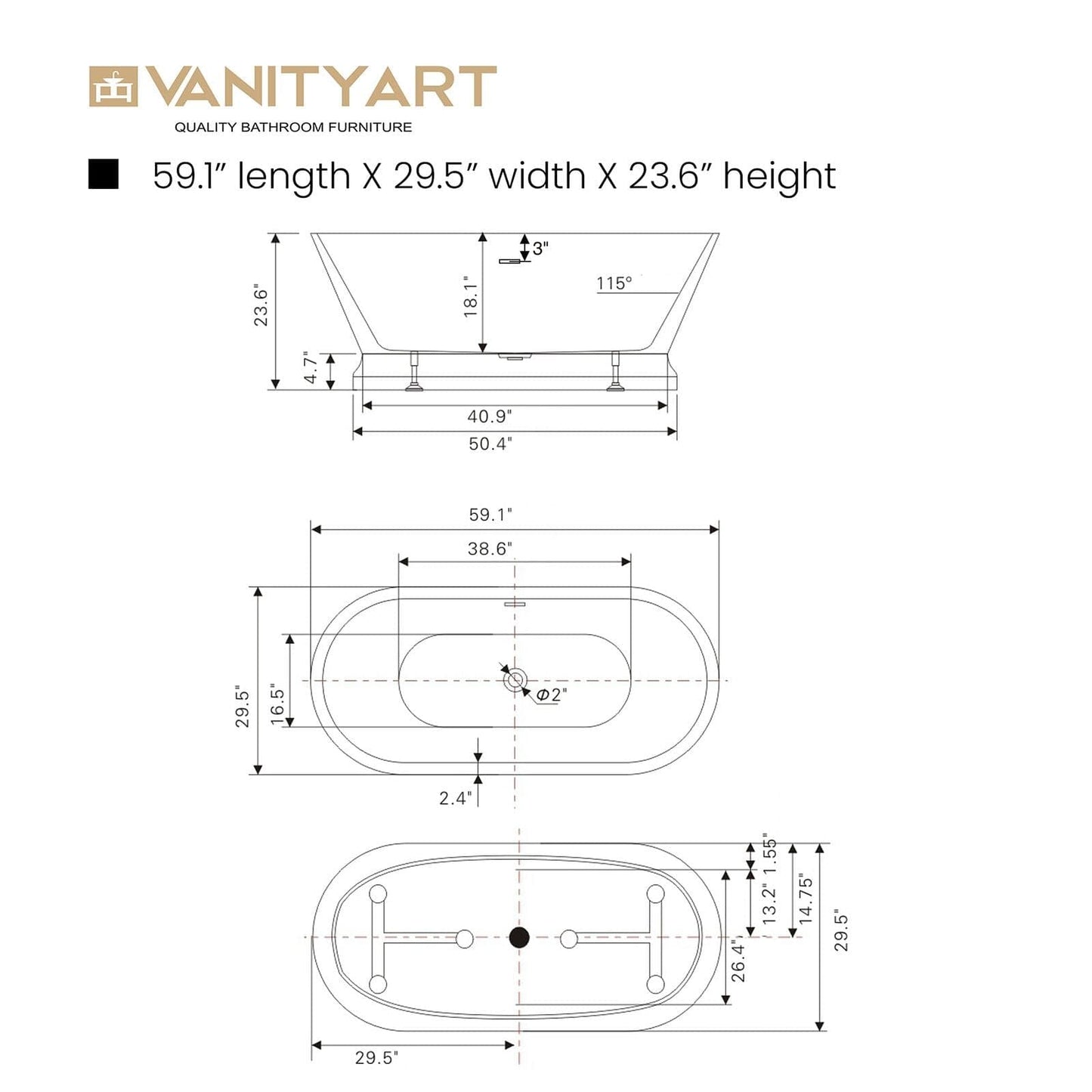 Vanity Art VA6610-S-PC 59 Inch Freestanding White Acrylic Bathtub with Overflow And Pop-Up Drain - Vanity Art VA6610-S-PC