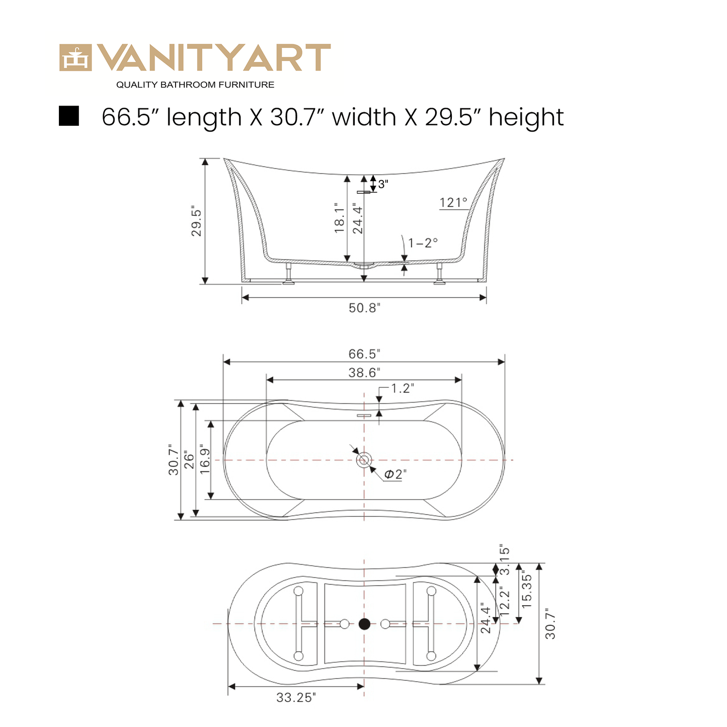 Vanity Art VA6805-BN 67 Inch Freestanding White Acrylic Bathtub with Overflow And Pop-Up Drain - Vanity Art VA6805-BN