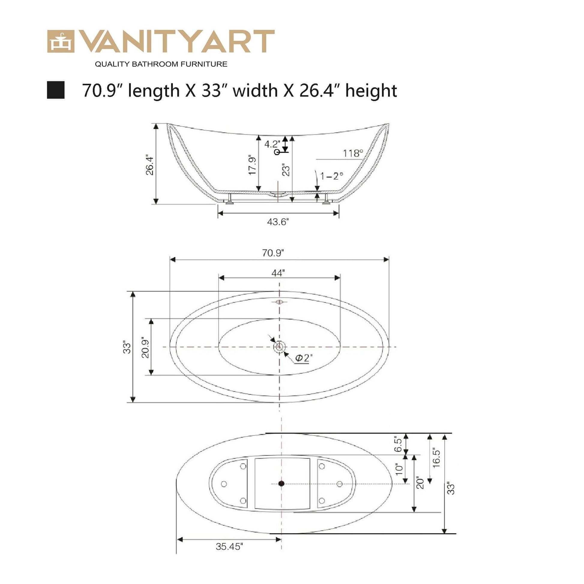 Vanity Art VA6807-BN 71 Inch Freestanding White Acrylic Bathtub with Overflow And Pop-Up Drain - Vanity Art VA6807-BN