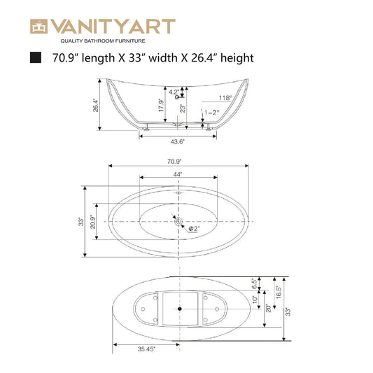 Vanity Art VA6807-BN 71 Inch Freestanding White Acrylic Bathtub with Overflow And Pop-Up Drain - Vanity Art VA6807-BN