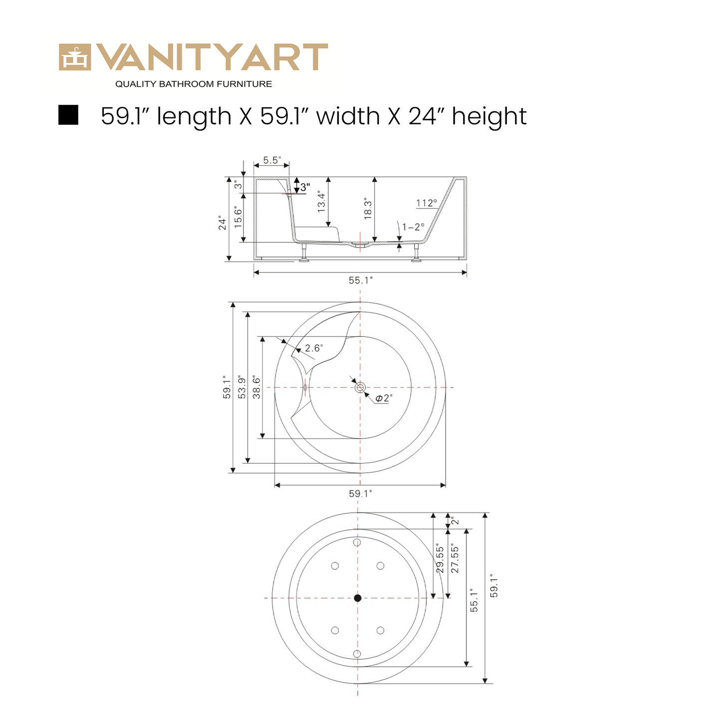 Vanity Art VA6810 59 Inch Freestanding White Acrylic Bathtub with Polished Chrome Finish - Vanity Art VA6810