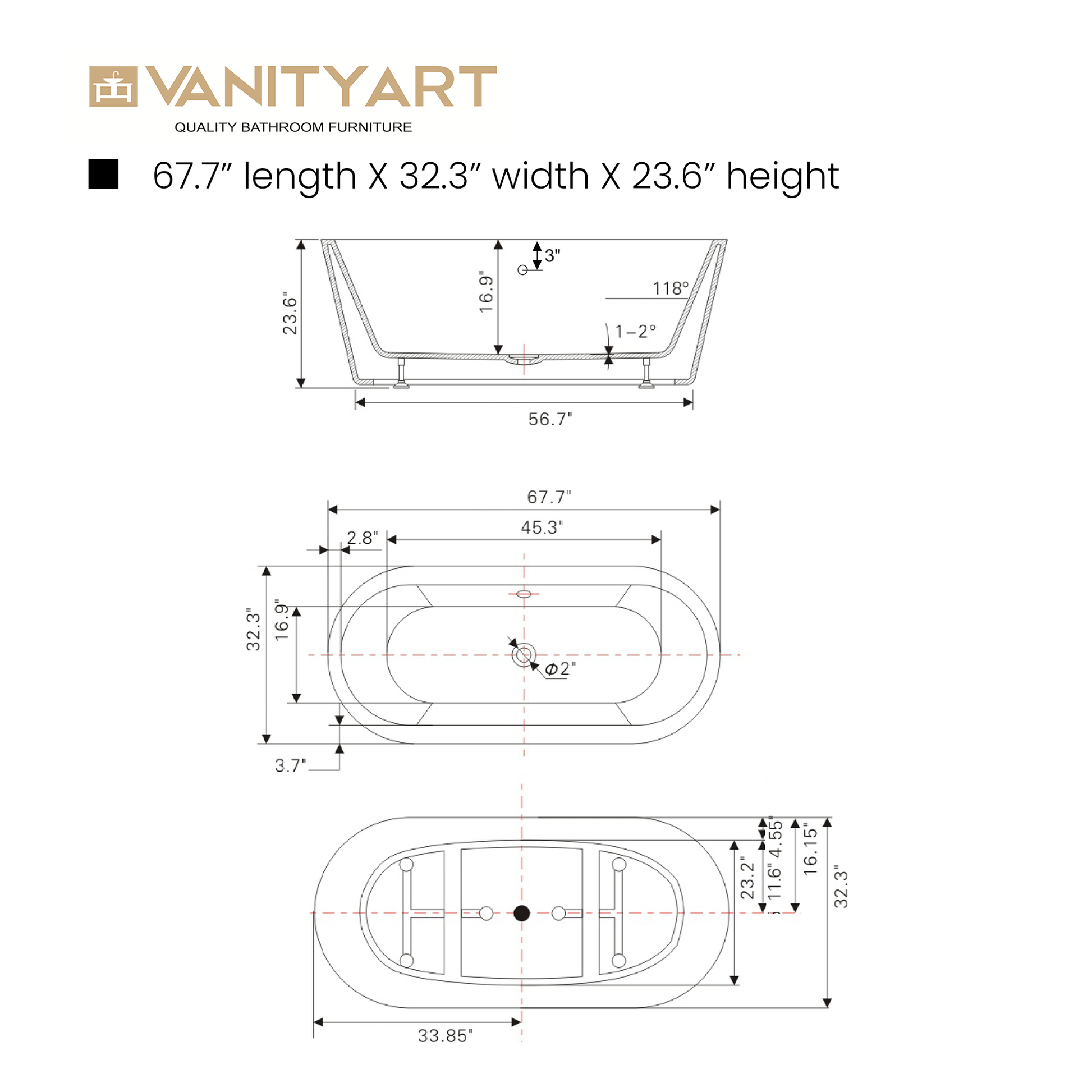 Vanity Art VA6812-BL 68 Inch Freestanding White Acrylic Bathtub with Polished Chrome Finish - Vanity Art VA6812-BL