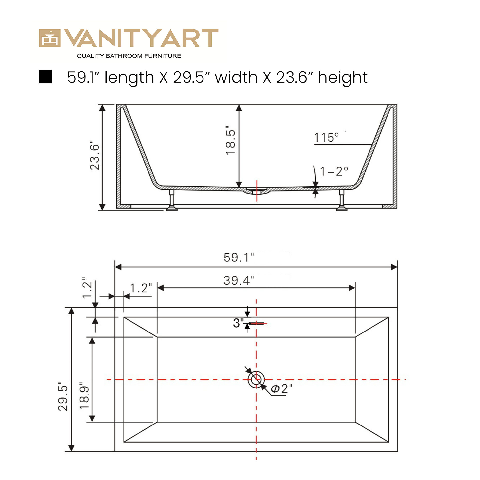 Vanity Art VA6813B-S-BN 59 Inch Freestanding White Acrylic Bathtub with Overflow And Pop-Up Drain - Vanity Art VA6813B-S-BN