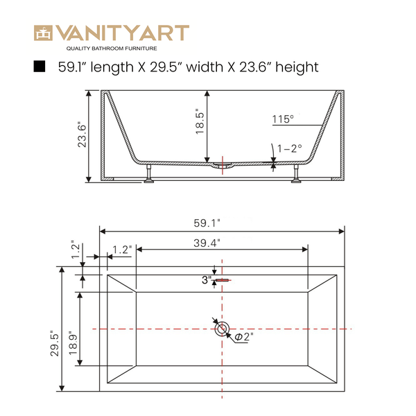 Vanity Art VA6813B-S-PC 59 Inch Freestanding White Acrylic Bathtub with Overflow And Pop-Up Drain - Vanity Art VA6813B-S-PC