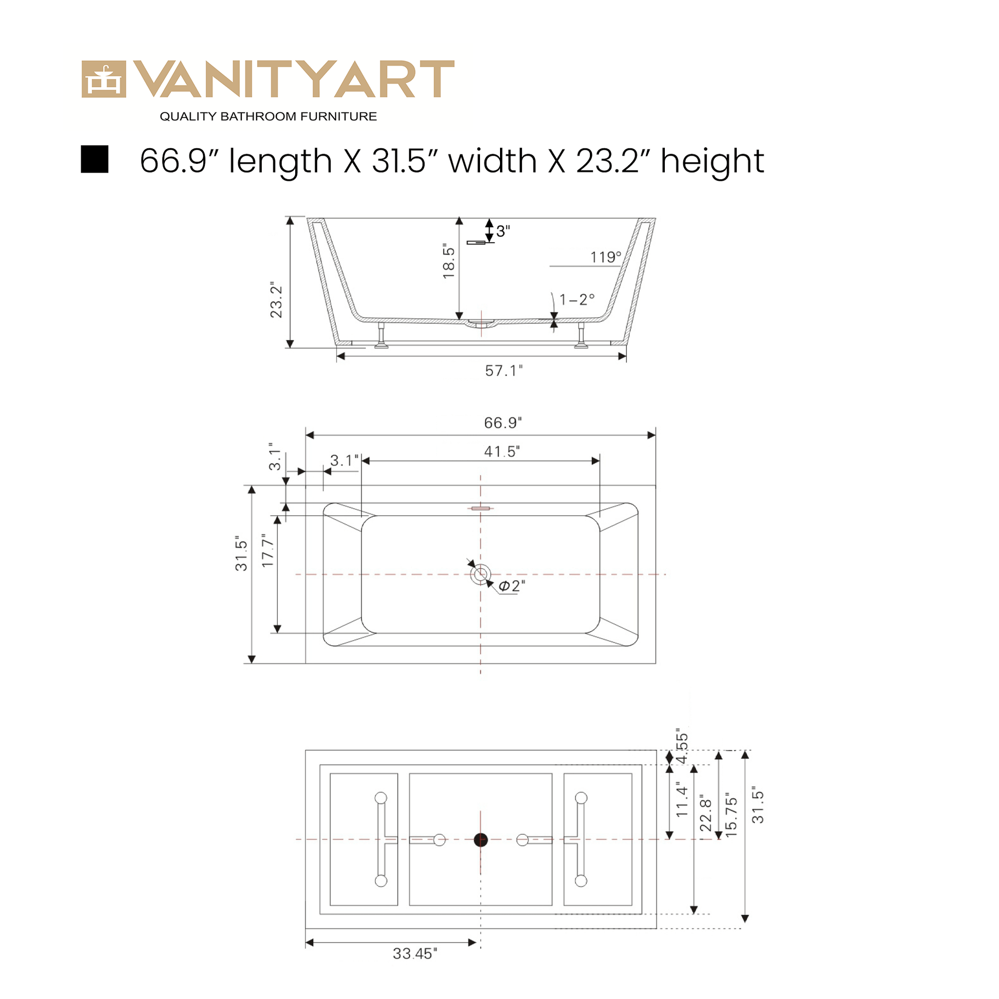 Vanity Art VA6814-L-BN 67 Inch Freestanding White Acrylic Bathtub with Overflow And Pop-Up Drain - Vanity Art VA6814-L-BN