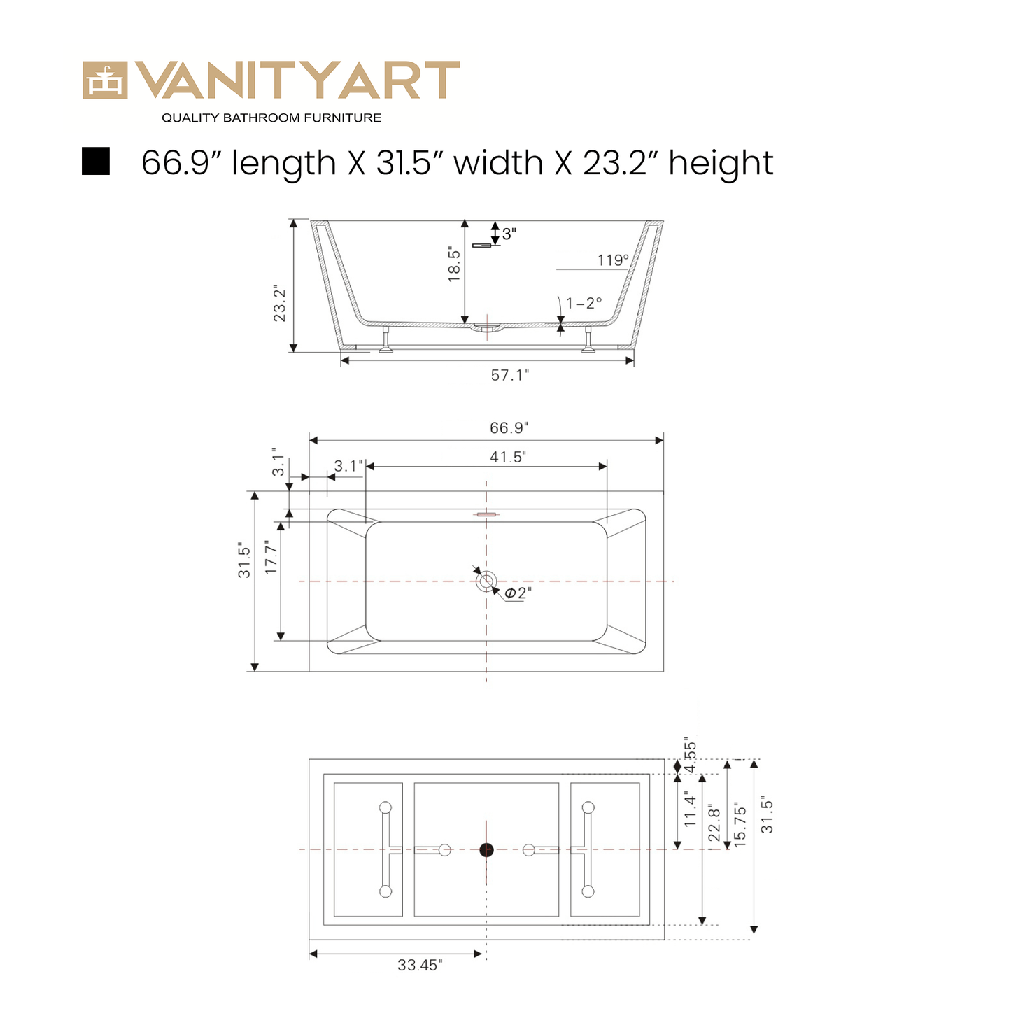 Vanity Art VA6814-L-BN 67 Inch Freestanding White Acrylic Bathtub with Overflow And Pop-Up Drain - Vanity Art VA6814-L-BN