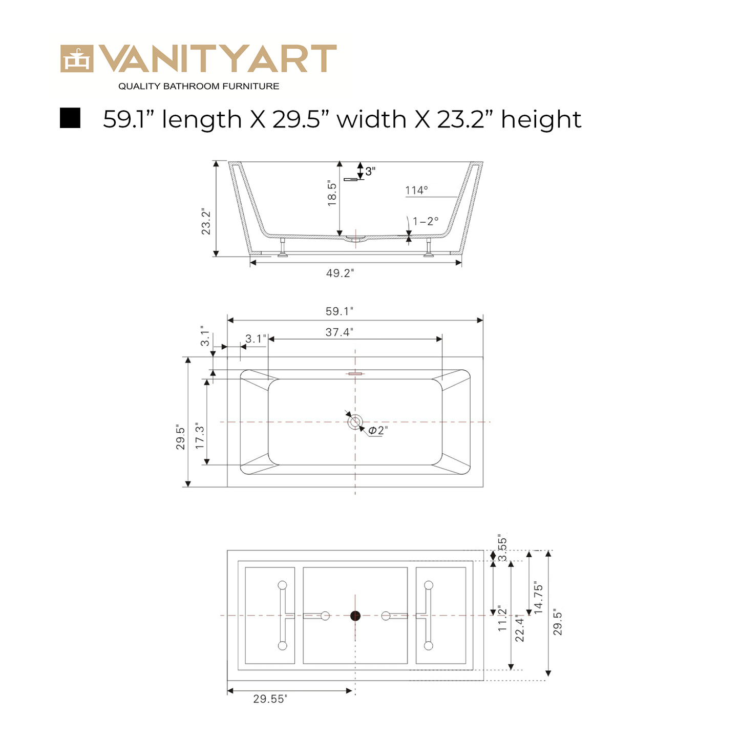 Vanity Art VA6814-S-BN 59 Inch Freestanding White Acrylic Bathtub with Overflow And Pop-Up Drain - Vanity Art VA6814-S-BN