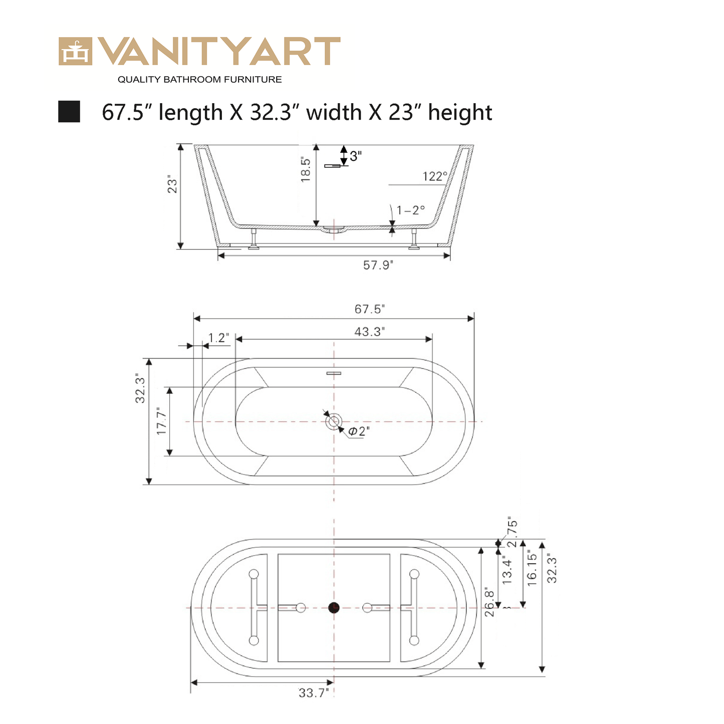 Vanity Art VA6815-L-MB 68 Inch Freestanding White Acrylic Bathtub with Overflow And Pop-Up Drain - Vanity Art VA6815-L-MB