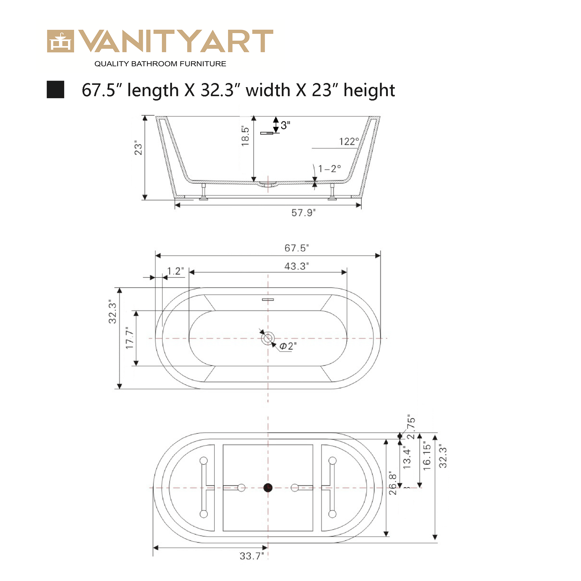 Vanity Art VA6815-L-PC 68 Inch Freestanding White Acrylic Bathtub with Overflow And Pop-Up Drain - Vanity Art VA6815-L-PC