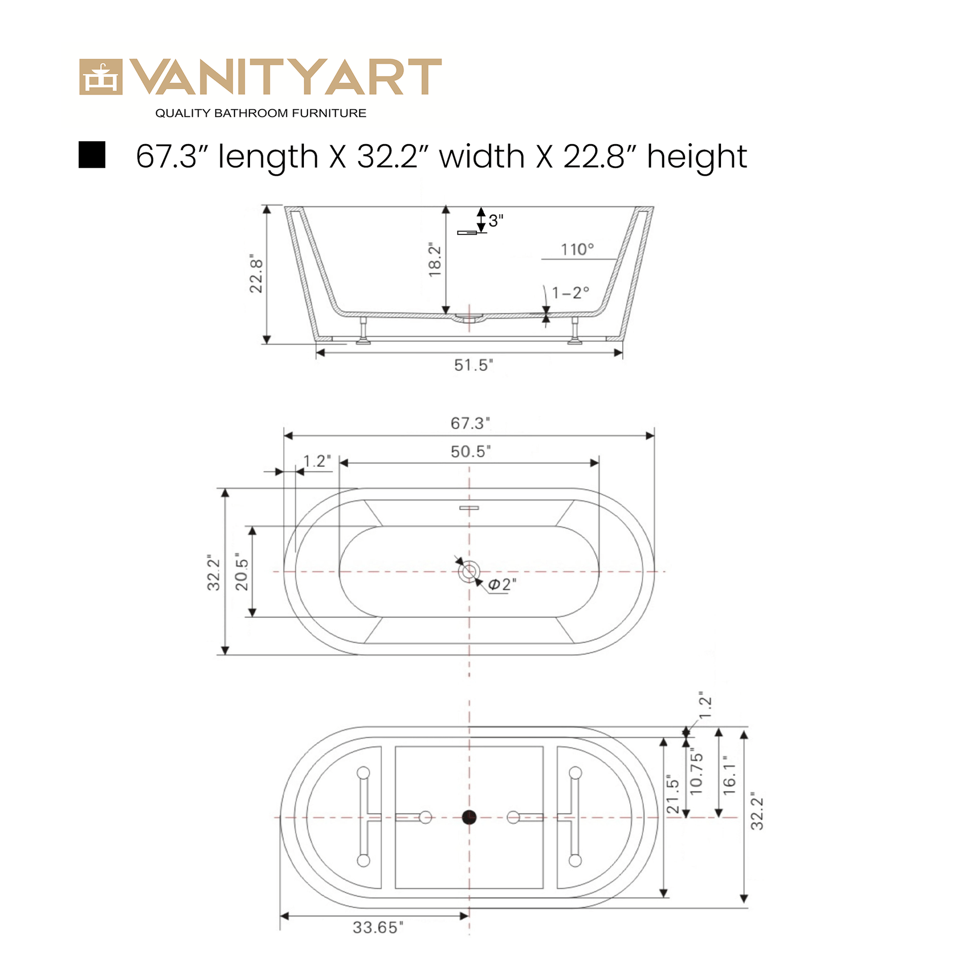 Vanity Art VA6815-NLW-BN 67 Inch Freestanding White Acrylic Bathtub with Overflow And Pop-Up Drain - Vanity Art VA6815-NLW-BN