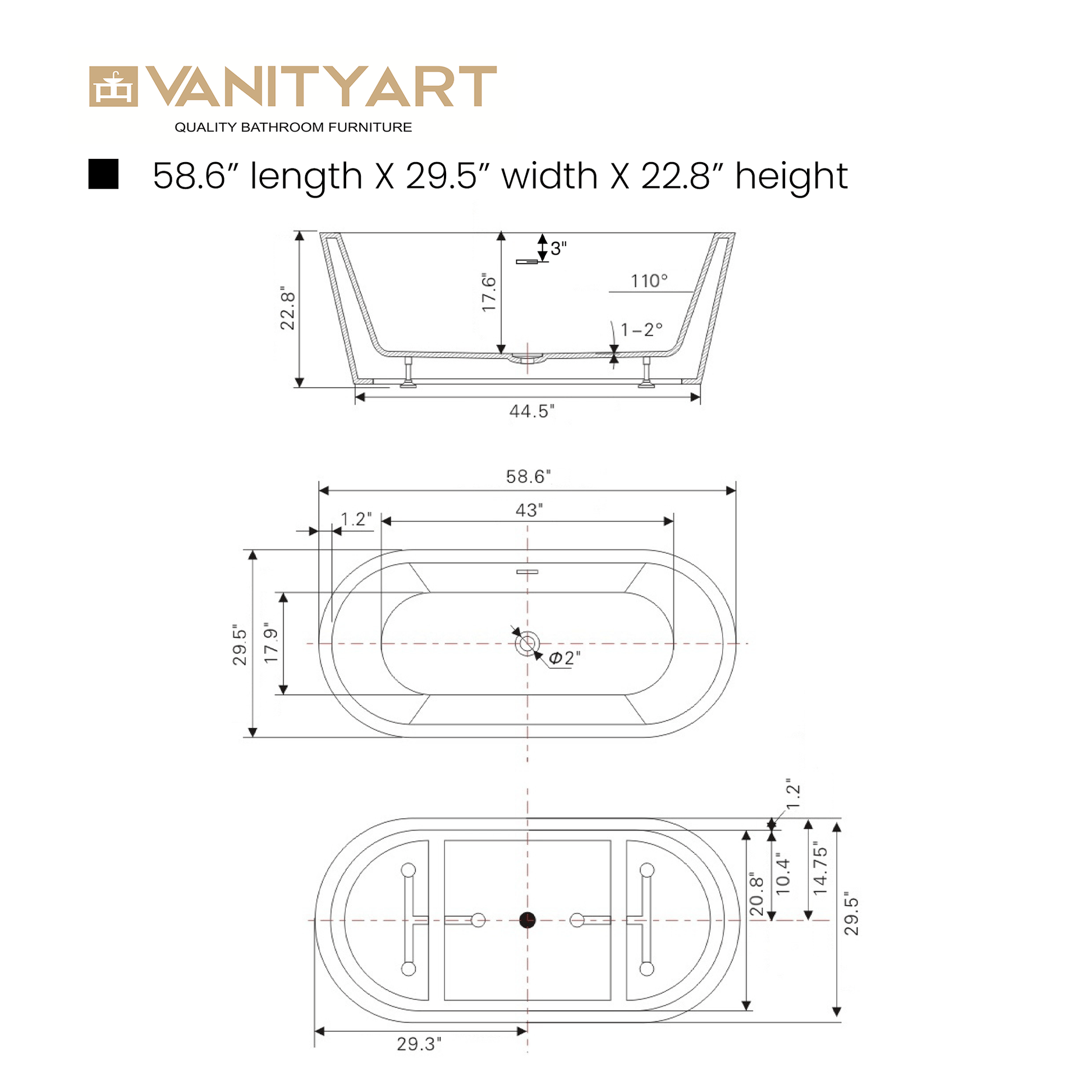 Vanity Art VA6815-NSW-ORB 59 Inch Freestanding White Acrylic Bathtub with Overflow And Pop-Up Drain - Vanity Art VA6815-NSW-ORB