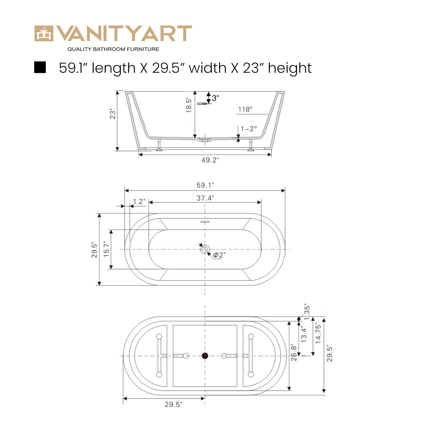 Vanity Art VA6815-S-MB 59 Inch Freestanding White Acrylic Bathtub with Overflow And Pop-Up Drain - Vanity Art VA6815-S-MB