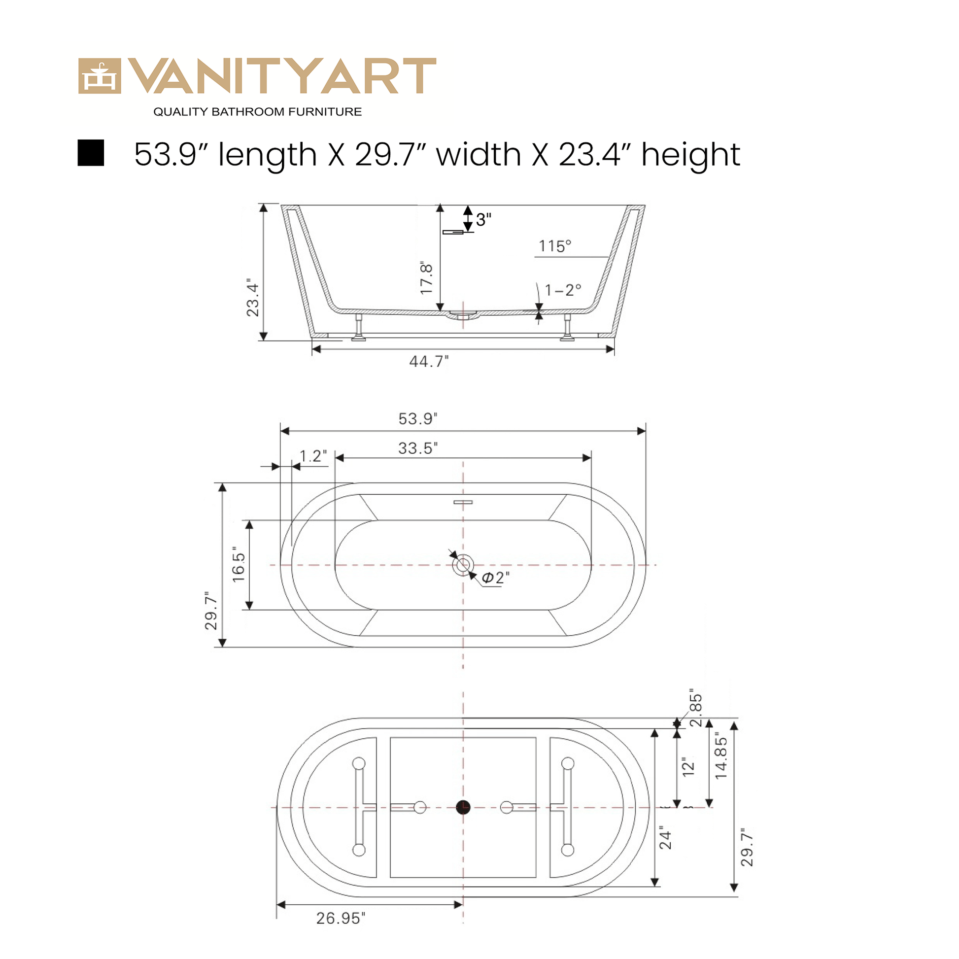 Vanity Art VA6815-XS-BN 54 Inch Freestanding White Acrylic Bathtub with Overflow And Pop-Up Drain - Vanity Art VA6815-XS-BN