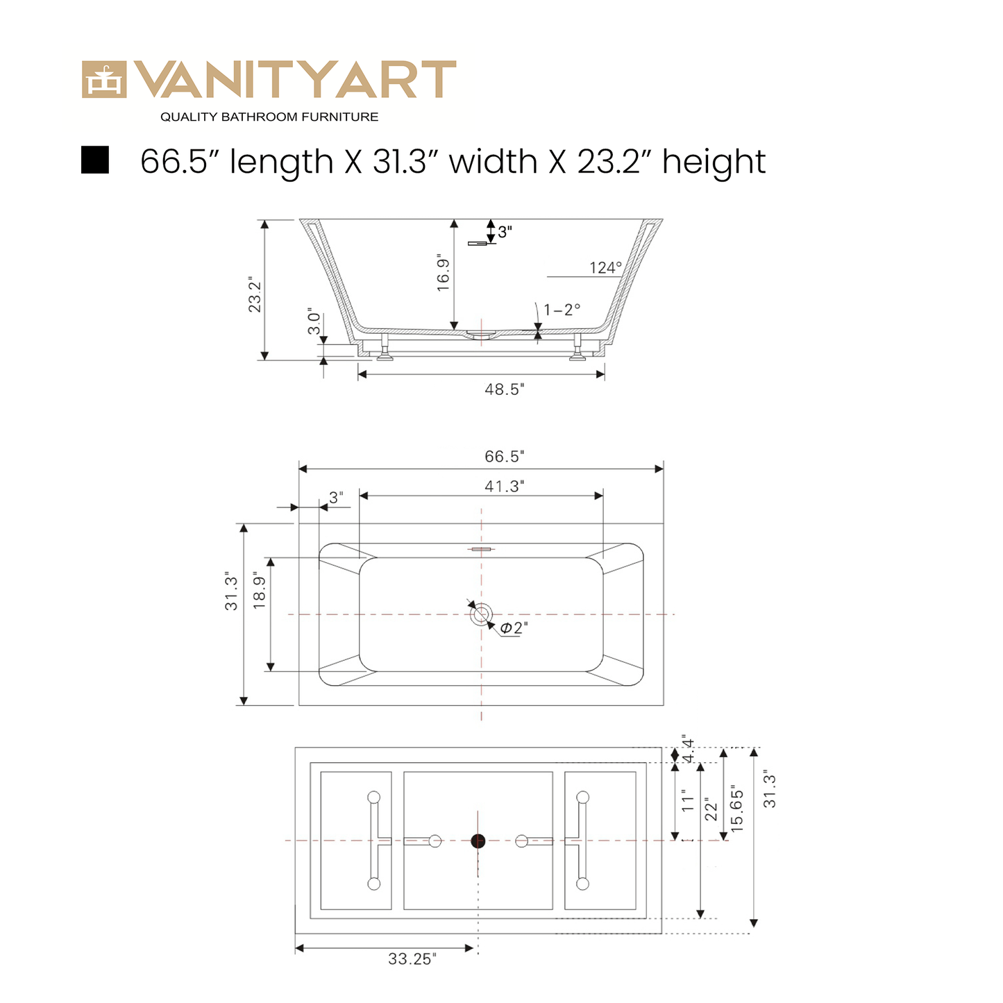 Vanity Art VA6817-L-BN 67 Inch Freestanding White Acrylic Bathtub with Overflow And Pop-Up Drain - Vanity Art VA6817-L-BN