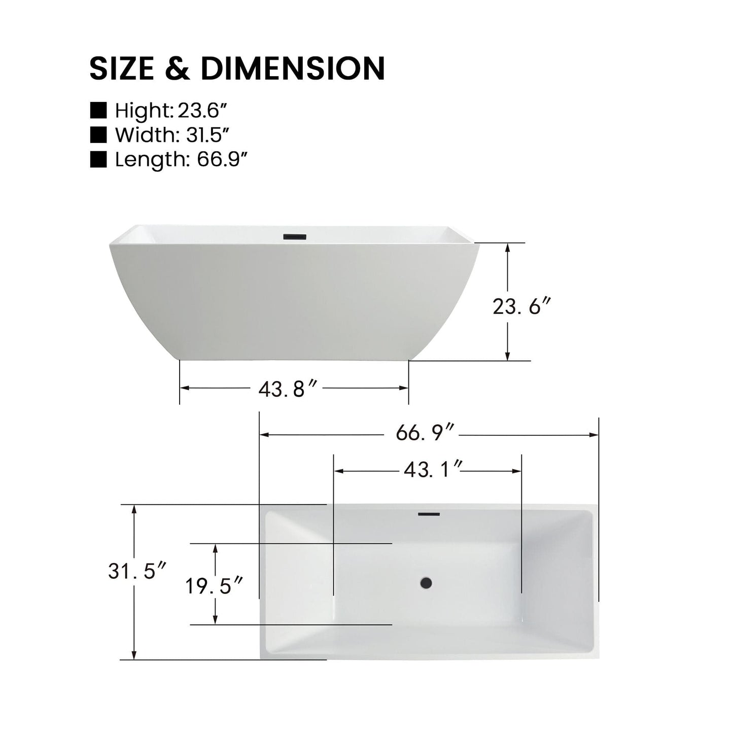 Vanity Art VA6821-LMB 67 Inch Freestanding White Acrylic Bathtub with Overflow And Pop-Up Drain - Vanity Art VA6821-LMB