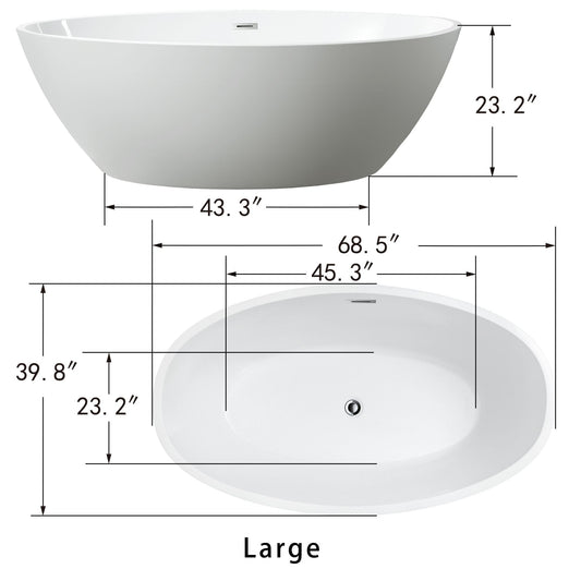 Vanity Art VA6834-L-BN 69 Inch Freestanding White Acrylic Bathtub with Overflow And Pop-Up Drain - Vanity Art VA6834-L-BN