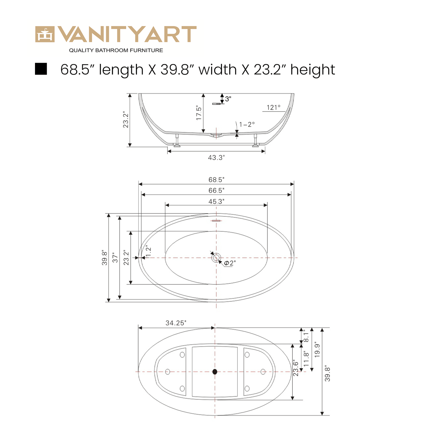 Vanity Art VA6834-L-MB 69 Inch Freestanding White Acrylic Bathtub with Overflow And Pop-Up Drain - Vanity Art VA6834-L-MB