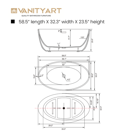 Vanity Art VA6834-MMB 59 Inch Freestanding White Acrylic Bathtub with Overflow And Pop-Up Drain - Vanity Art VA6834-MMB