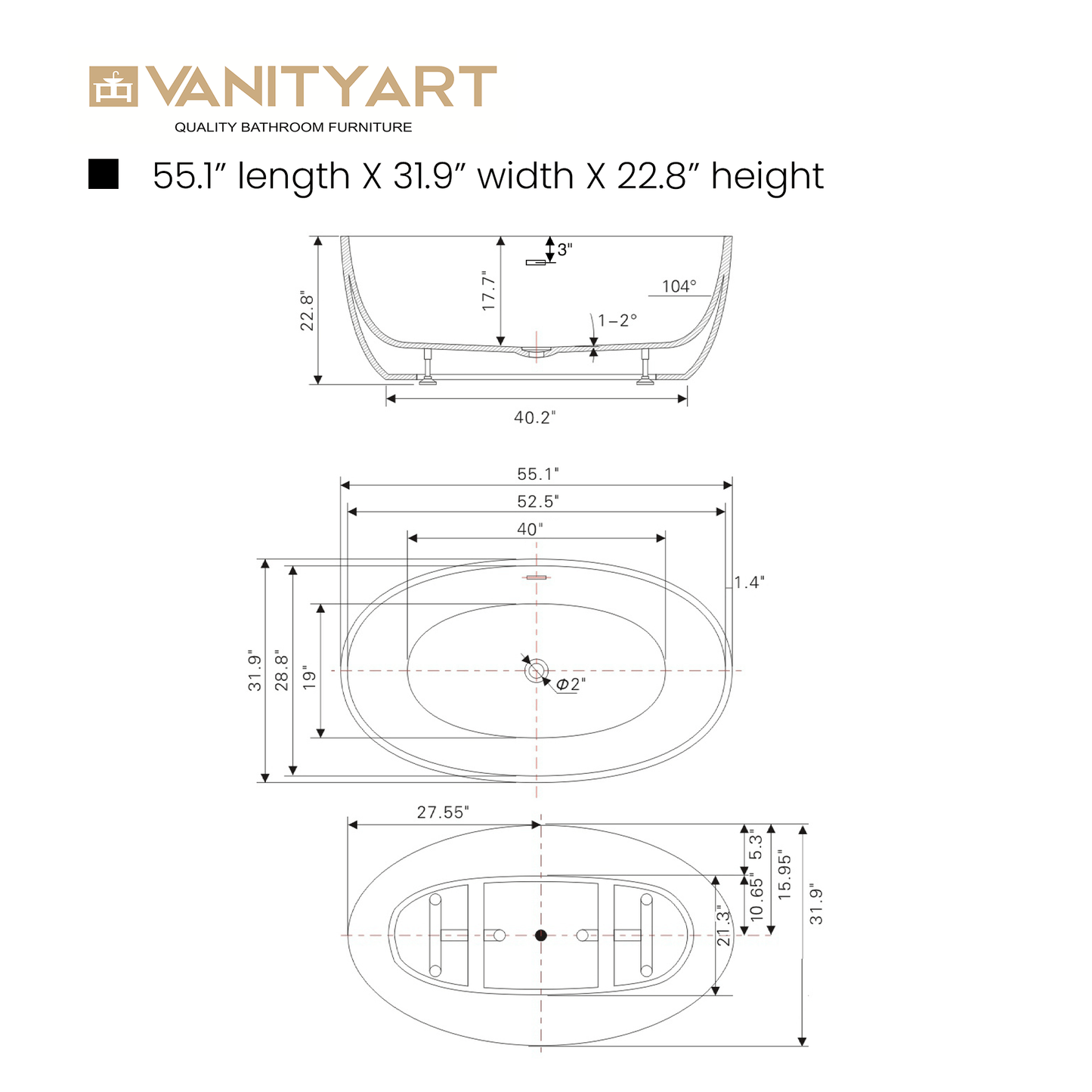 Vanity Art VA6834-SORB 55 Inch Freestanding White Acrylic Bathtub with Overflow And Pop-Up Drain - Vanity Art VA6834-SORB