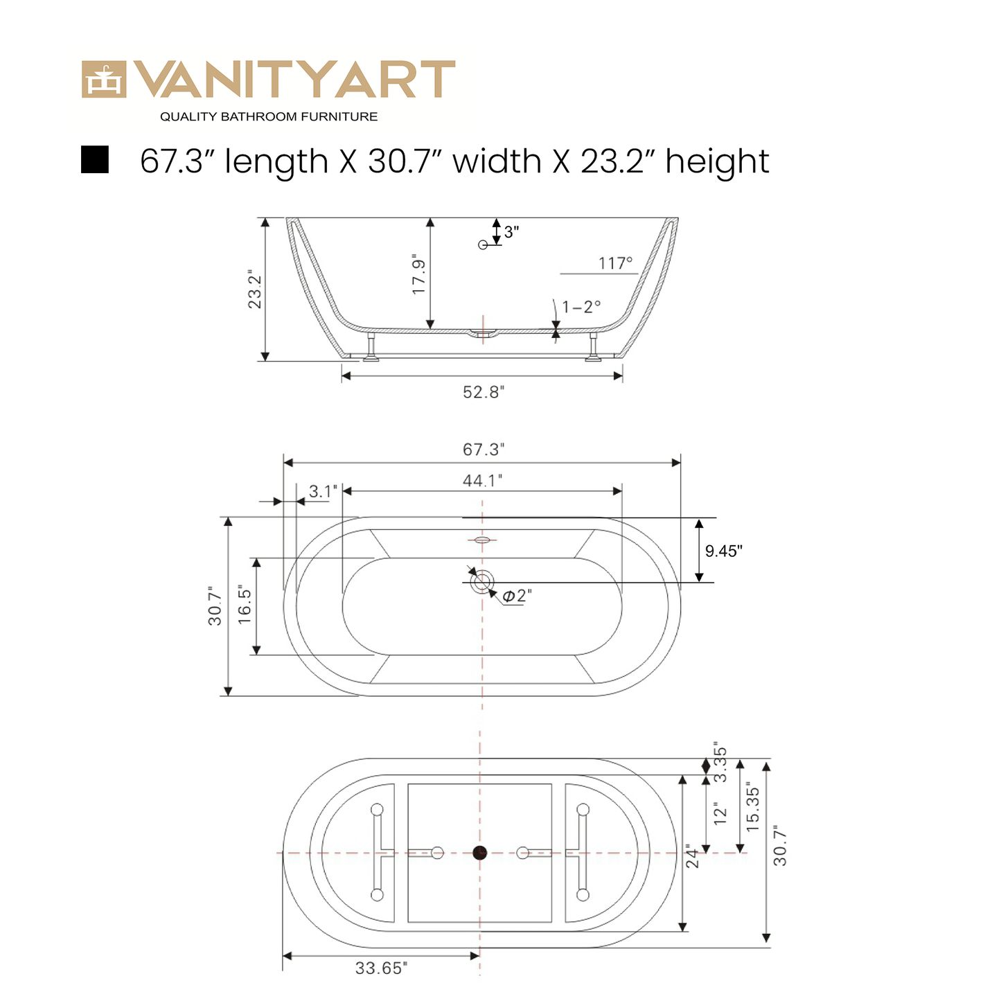 Vanity Art VA6836 67 Inch Freestanding White Acrylic Bathtub with Polished Chrome Finish - Vanity Art VA6836