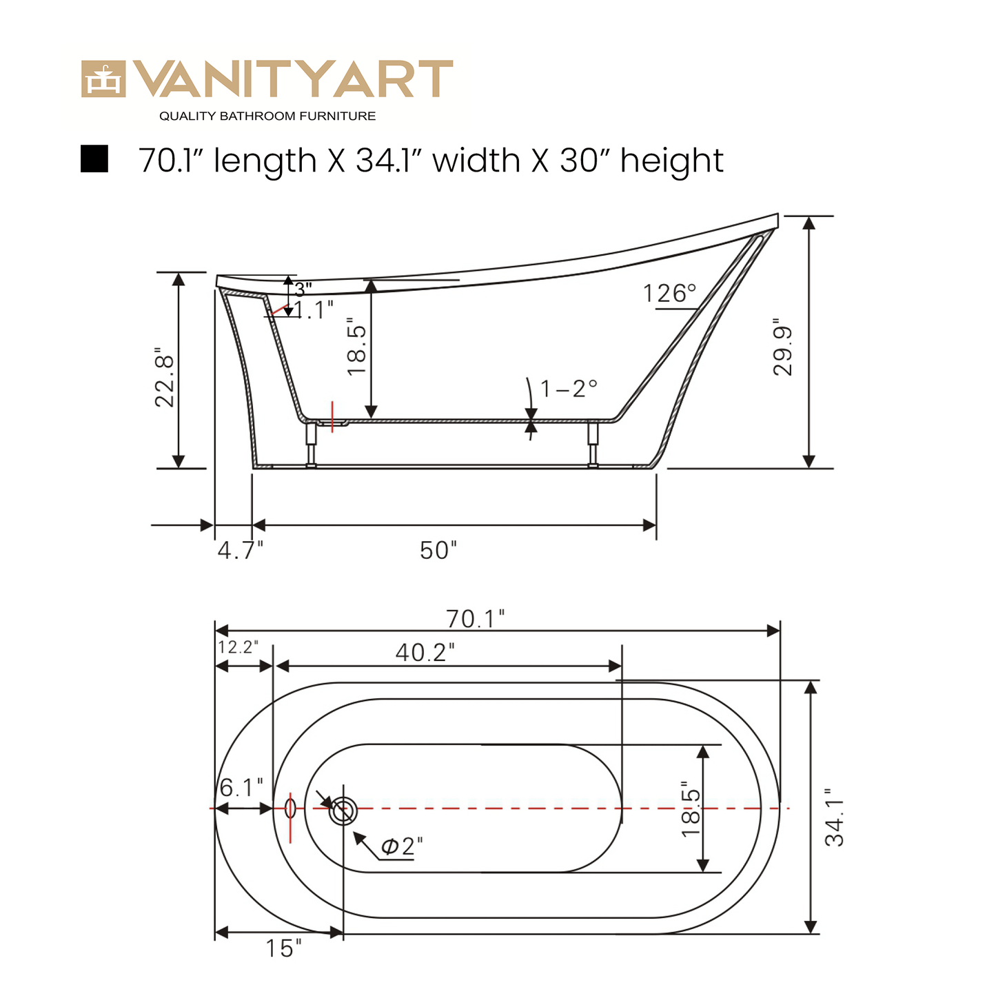 Vanity Art VA6839 70 Inch Freestanding White Acrylic Bathtub with Polished Chrome Finish - Vanity Art VA6839