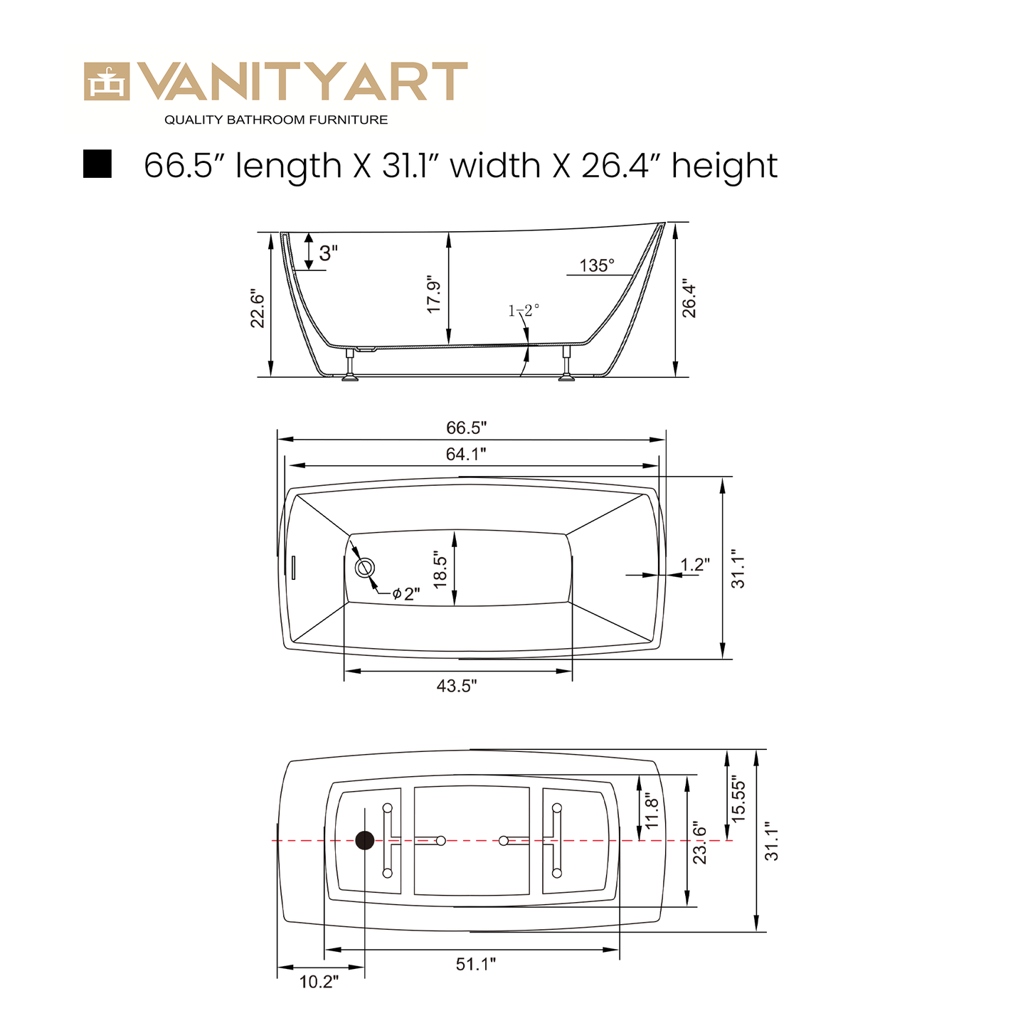 Vanity Art VA6841-BN 67 Inch Freestanding White Acrylic Bathtub with Overflow And Pop-Up Drain - Vanity Art VA6841-BN