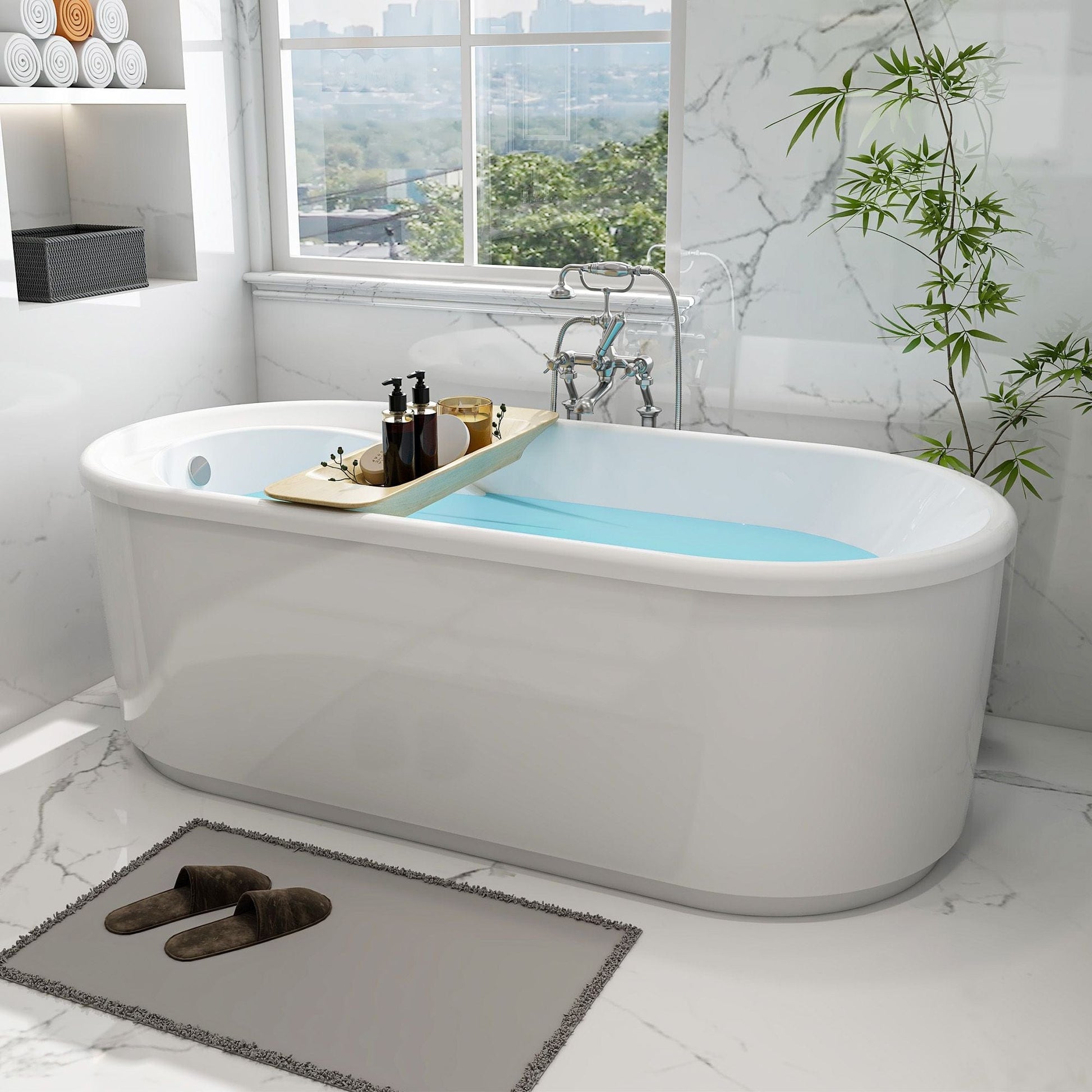 Vanity Art VA6909-S 59 Inch Freestanding White Acrylic Bathtub with Polished Chrome Finish - Vanity Art VA6909-S