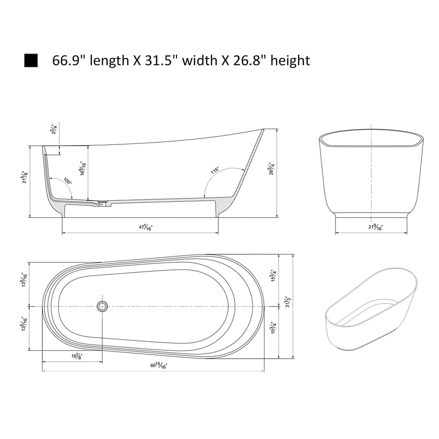 Vanity Art VA6911-GL Freestanding Solid Surface Resin Glossy Bathtub 67 Inch x 31.5 Inch - Vanity Art VA6911-GL