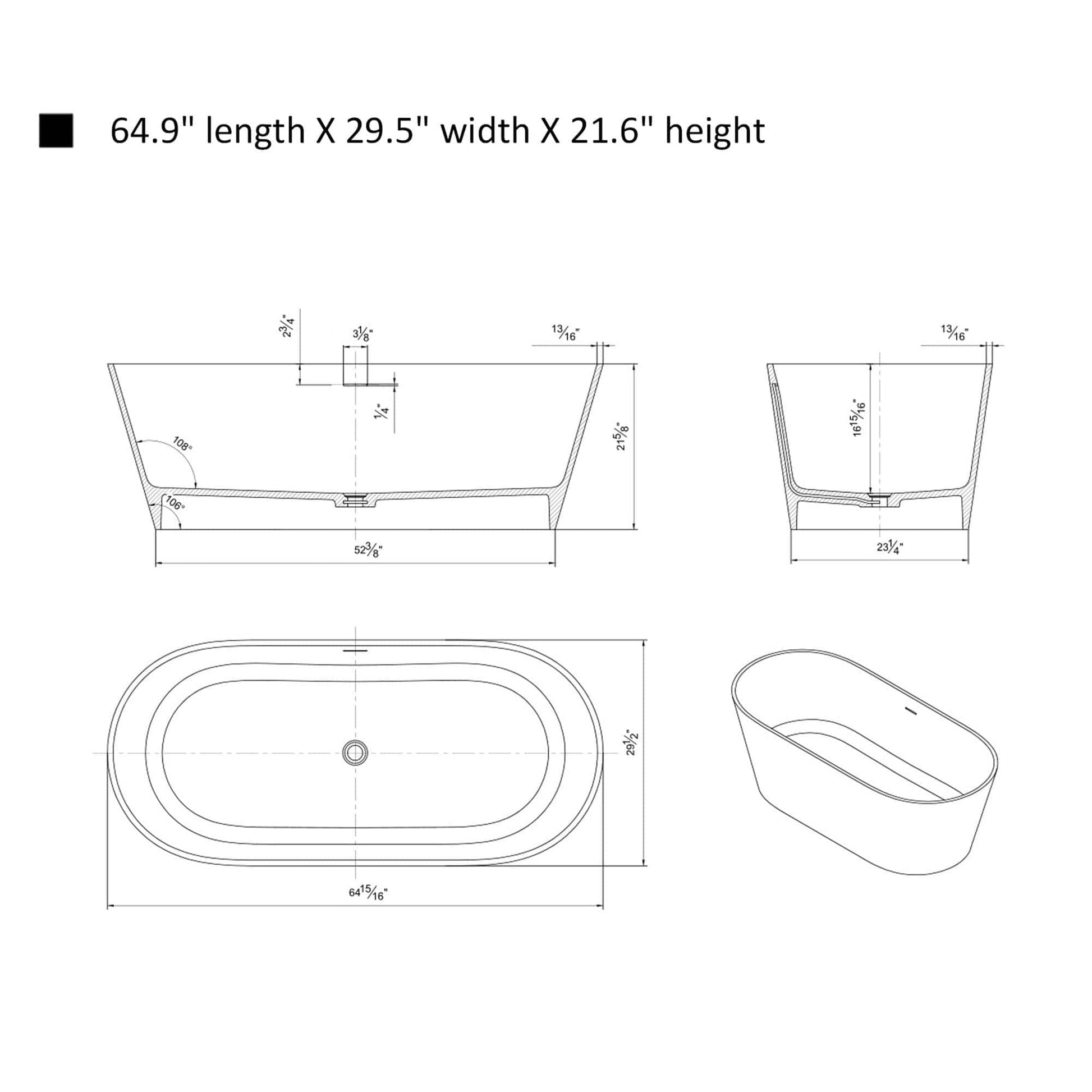 Vanity Art VA6912-GL Freestanding Solid Surface Resin Glossy Bathtub 65 Inch x 29.5 Inch - Vanity Art VA6912-GL