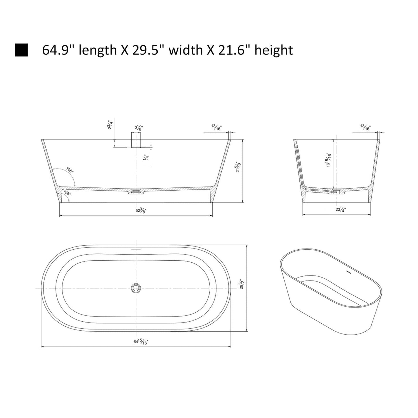 Vanity Art VA6912-GL Freestanding Solid Surface Resin Glossy Bathtub 65 Inch x 29.5 Inch - Vanity Art VA6912-GL