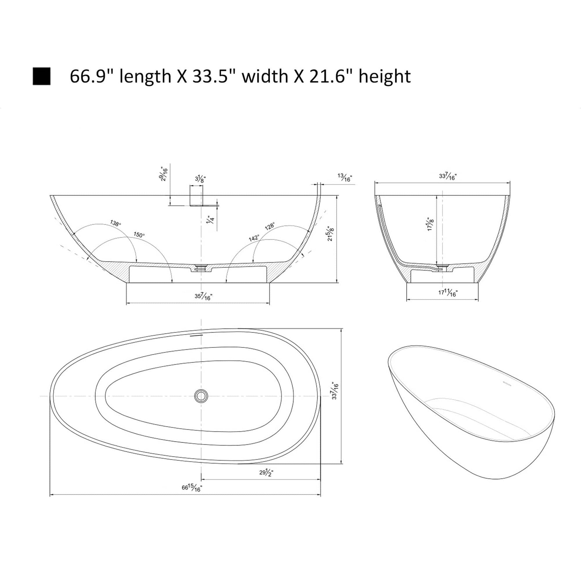 Vanity Art VA6913-ML Freestanding Solid Surface Resin Matte Bathtub 67 Inch x 33.5 Inch - Vanity Art VA6913-ML