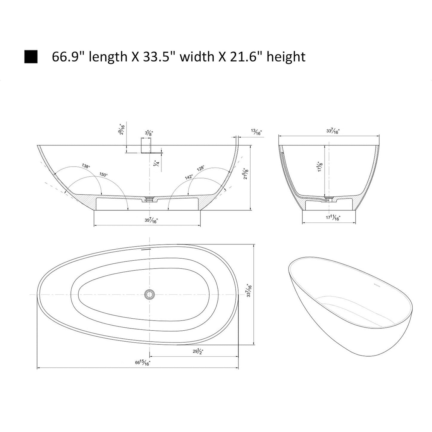 Vanity Art VA6913-ML Freestanding Solid Surface Resin Matte Bathtub 67 Inch x 33.5 Inch - Vanity Art VA6913-ML