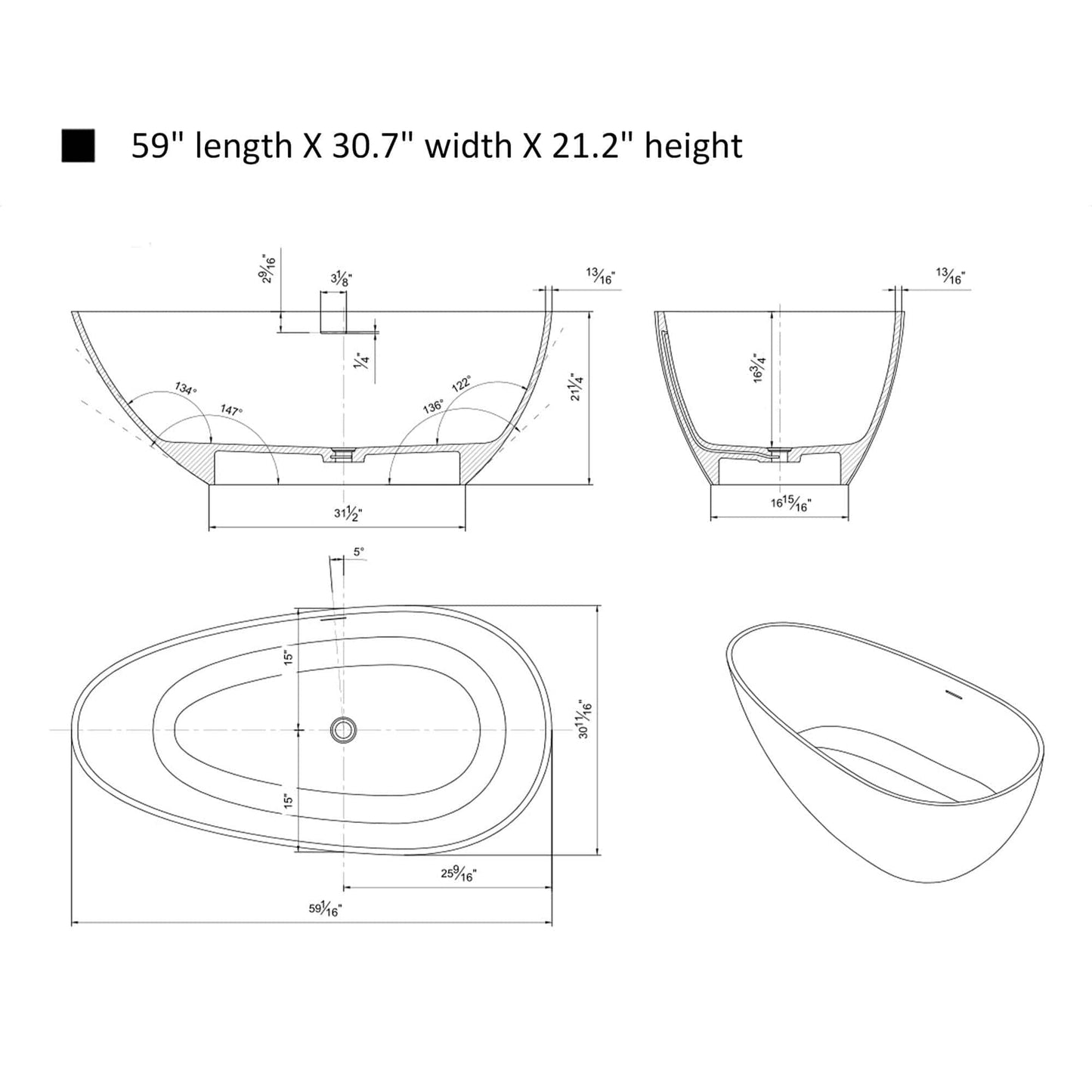 Vanity Art VA6913-MS Freestanding Solid Surface Resin Matte Bathtub 59 Inch x 30.5 Inch - Vanity Art VA6913-MS