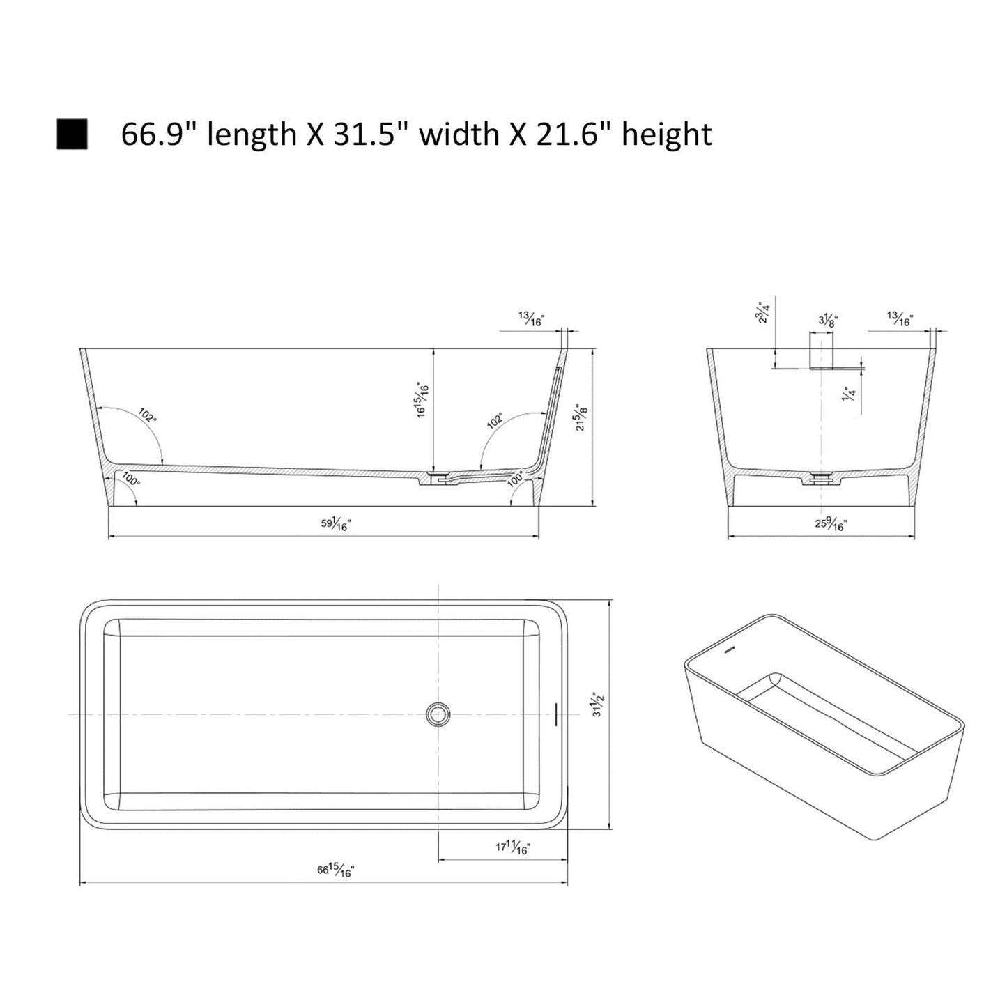 Vanity Art VA6914-ML Freestanding Solid Surface Resin Matte Bathtub 67 Inch x 31.5 Inch - Vanity Art VA6914-ML