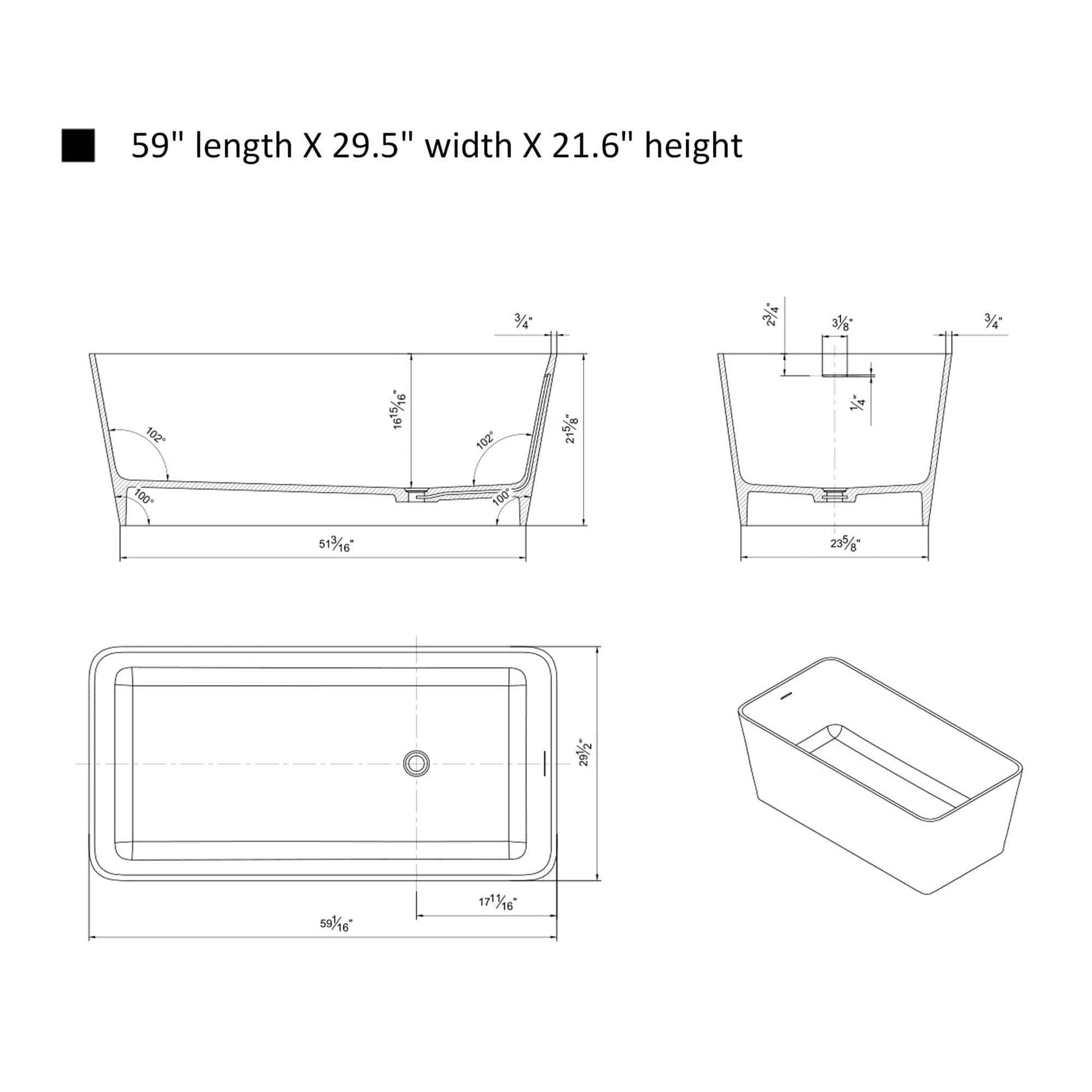 Vanity Art VA6914-MS Freestanding Solid Surface Resin Matte Bathtub 59 Inch x 29.5 Inch - Vanity Art VA6914-MS