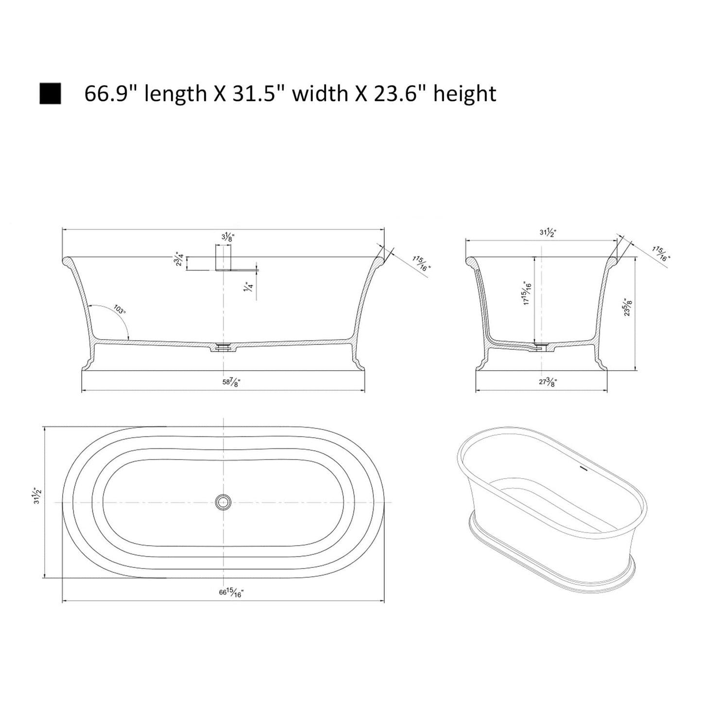 Vanity Art VA6916-GL Freestanding Solid Surface Resin Glossy Bathtub 67 Inch x 31.5 Inch - Vanity Art VA6916-GL