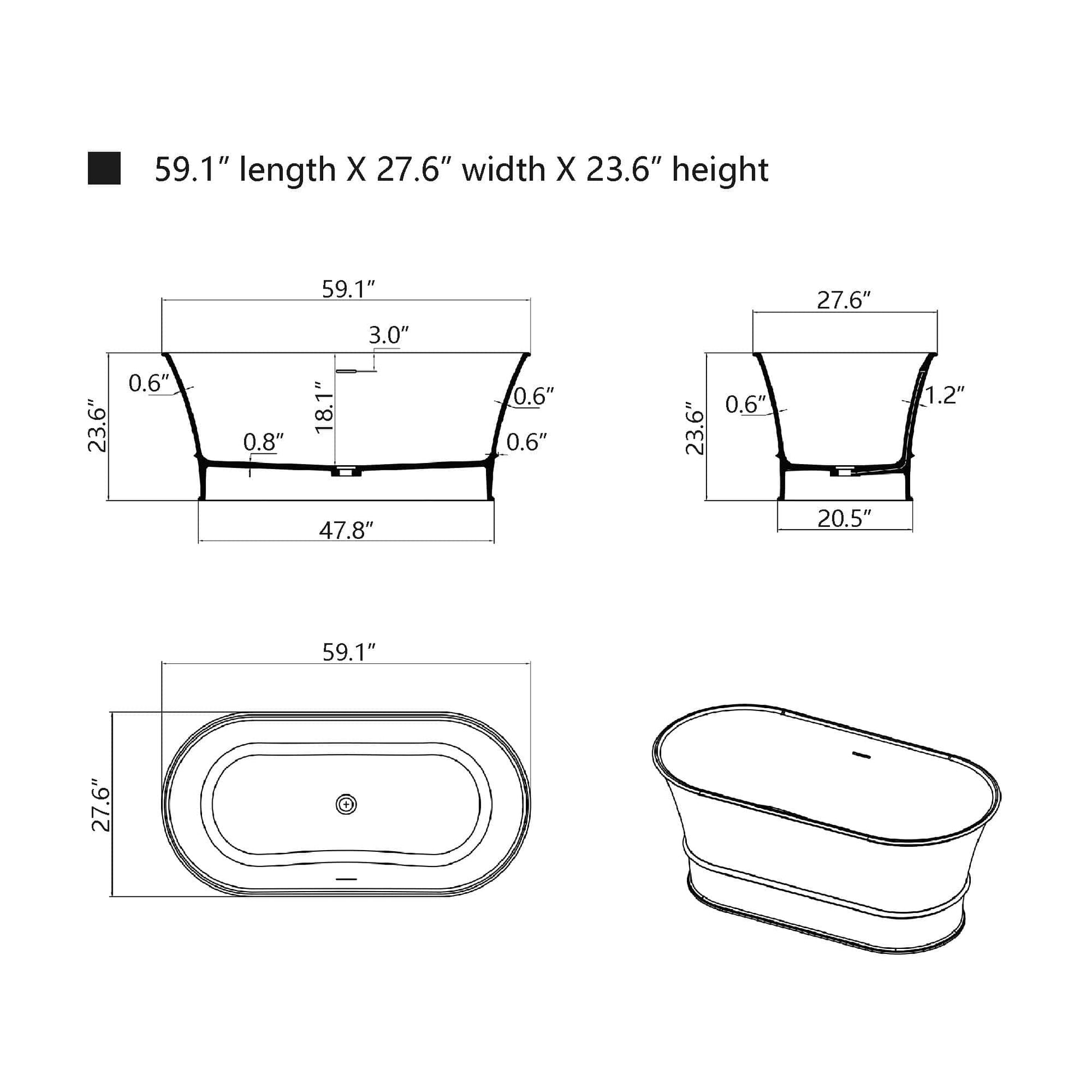 Vanity Art VA6919-GS Freestanding Solid Surface Resin Glossy Bathtub 59 Inchx 27.5 Inch - Vanity Art VA6919-GS