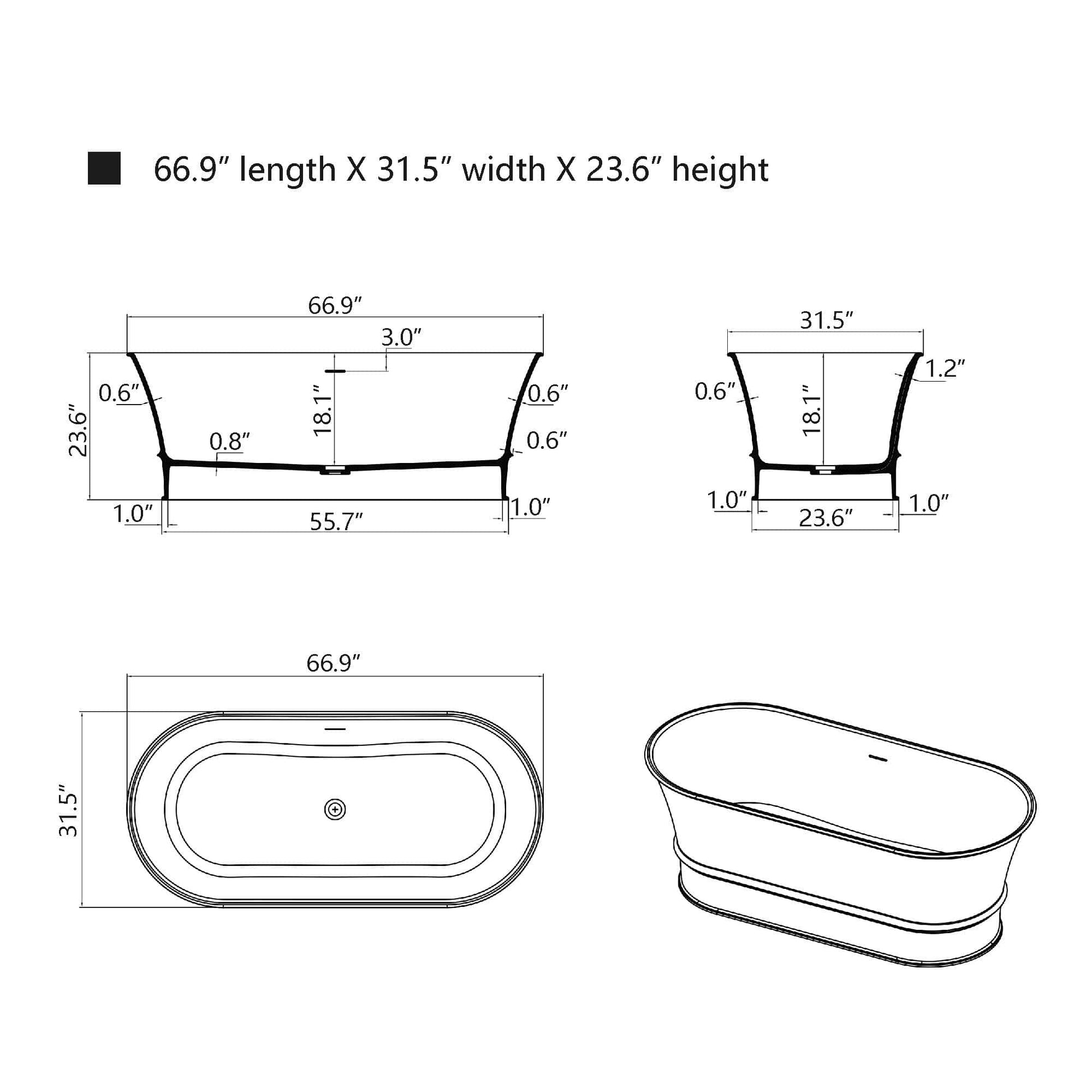 Vanity Art VA6919-ML Freestanding Solid Surface Resin Matte Bathtub 67 Inch x 31.5 Inch - Vanity Art VA6919-ML