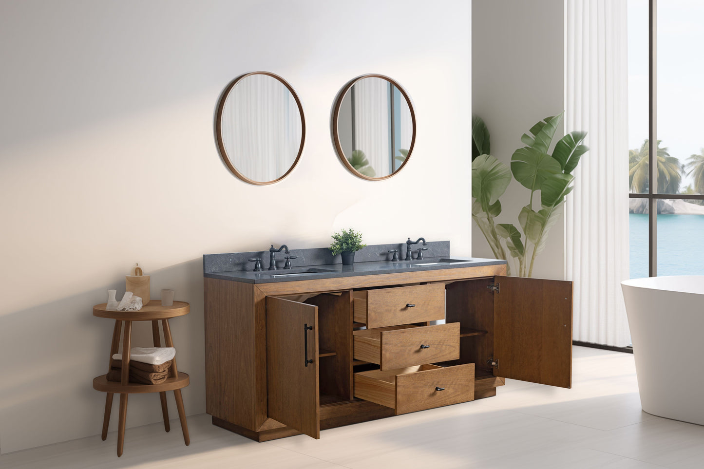 Vanity Art VA7072-DT-BT 72 Inch Double Sink Bathroom Vanity in Tan with Limestone Top - Vanity Art VA7072-DT-BT