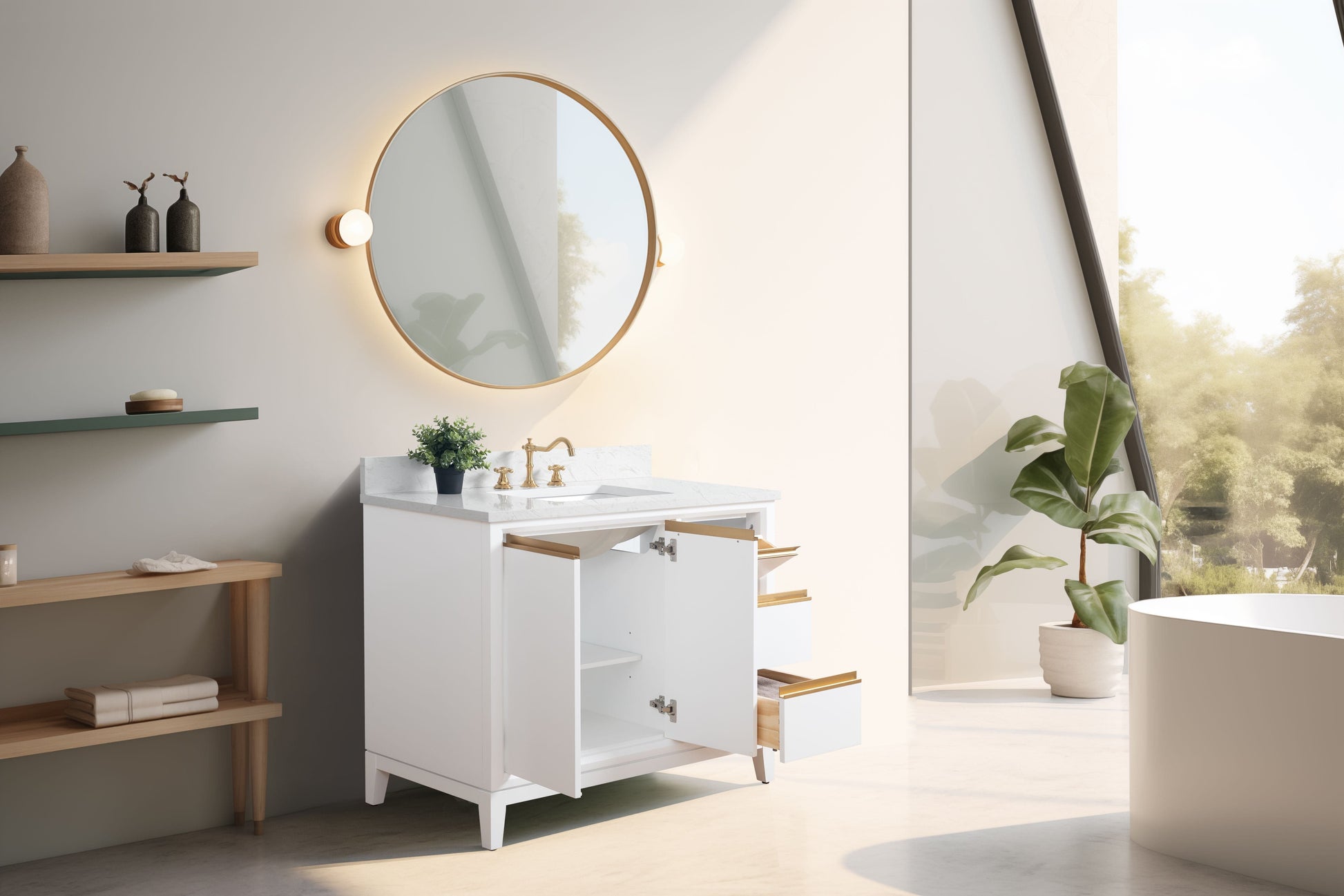 Vanity Art VA8042-W 42 Inch Single Sink Bathroom Vanity in White with Marble Countertop - Vanity Art VA8042-W