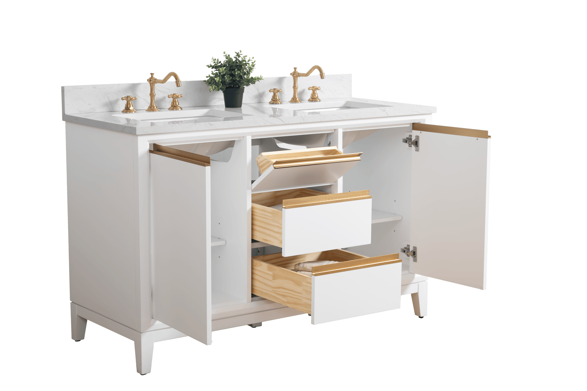 Vanity Art VA8054-DW 54 Inch Double Sink Bathroom Vanity in White with Marble Countertop - Vanity Art VA8054-DW