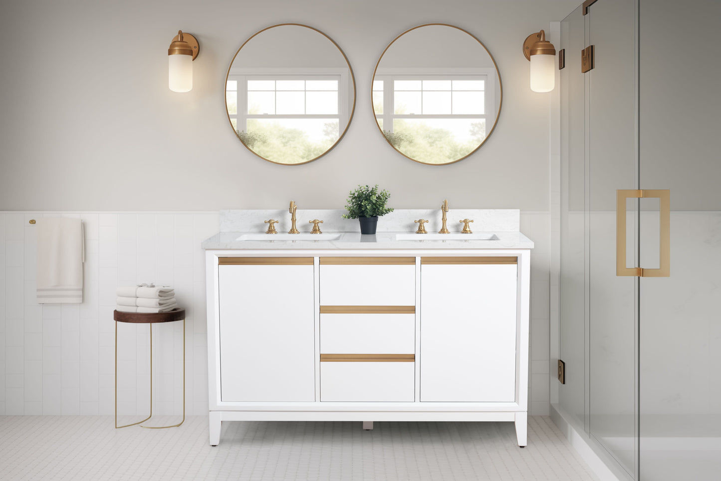 Vanity Art VA8054-DW 54 Inch Double Sink Bathroom Vanity in White with Marble Countertop - Vanity Art VA8054-DW