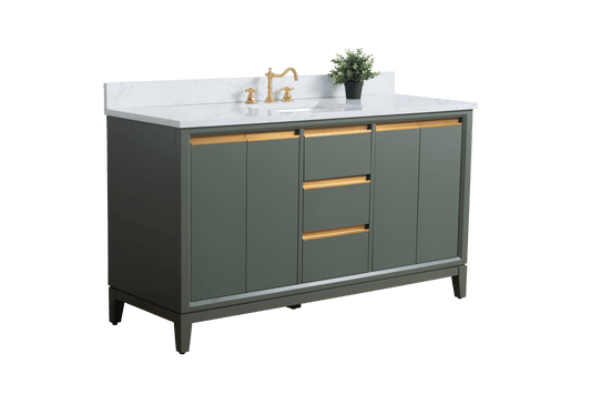 Vanity Art VA8060-SVG 60 Inch Single Sink Bathroom Vanity in Vintage Green with Marble Countertop - Vanity Art VA8060-SVG